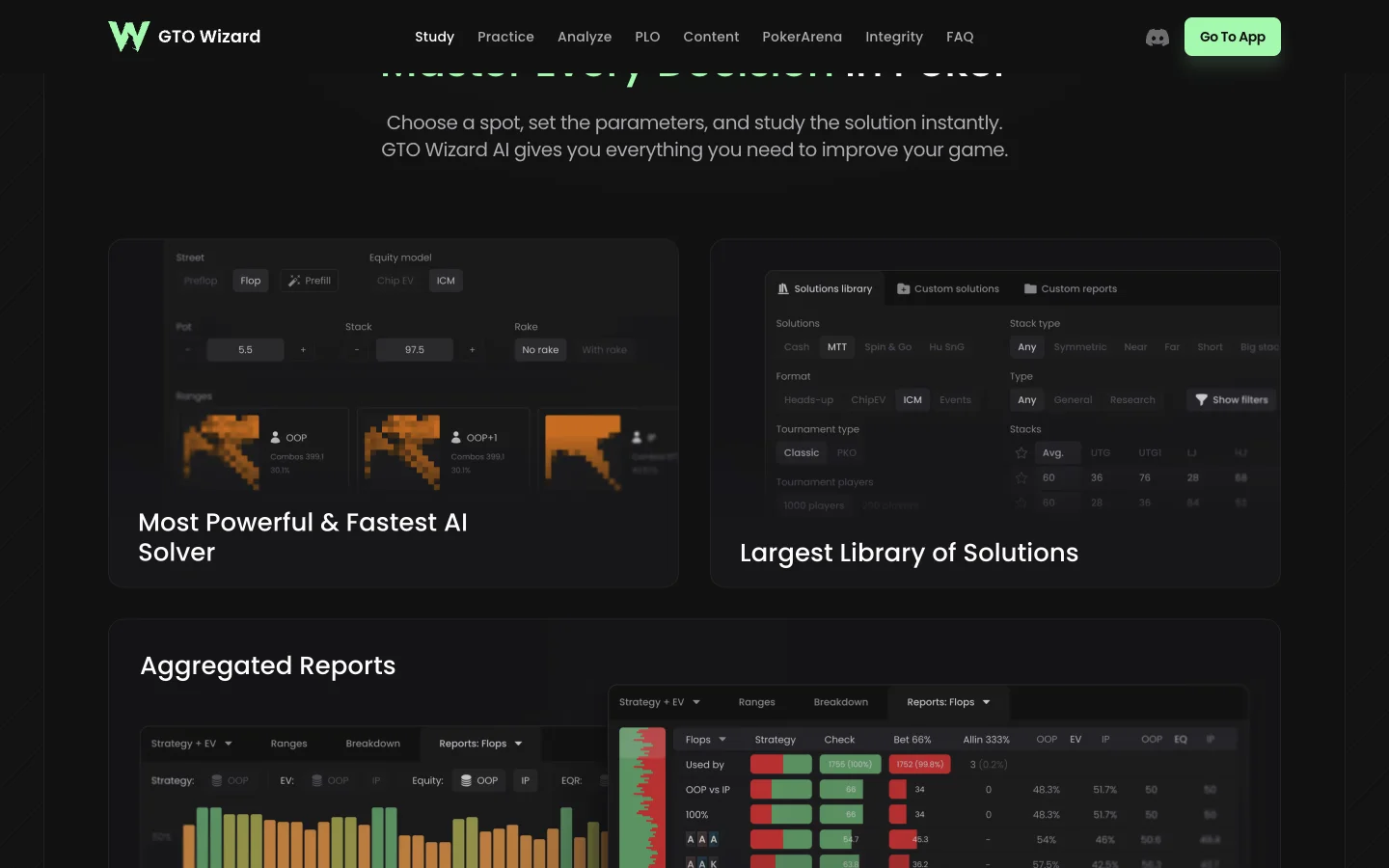 GTO Wizard homepage section on studying a spot: a solver panel with pot and stack settings above three range grids, next to a solutions library filtered by game type, format and stack depth.