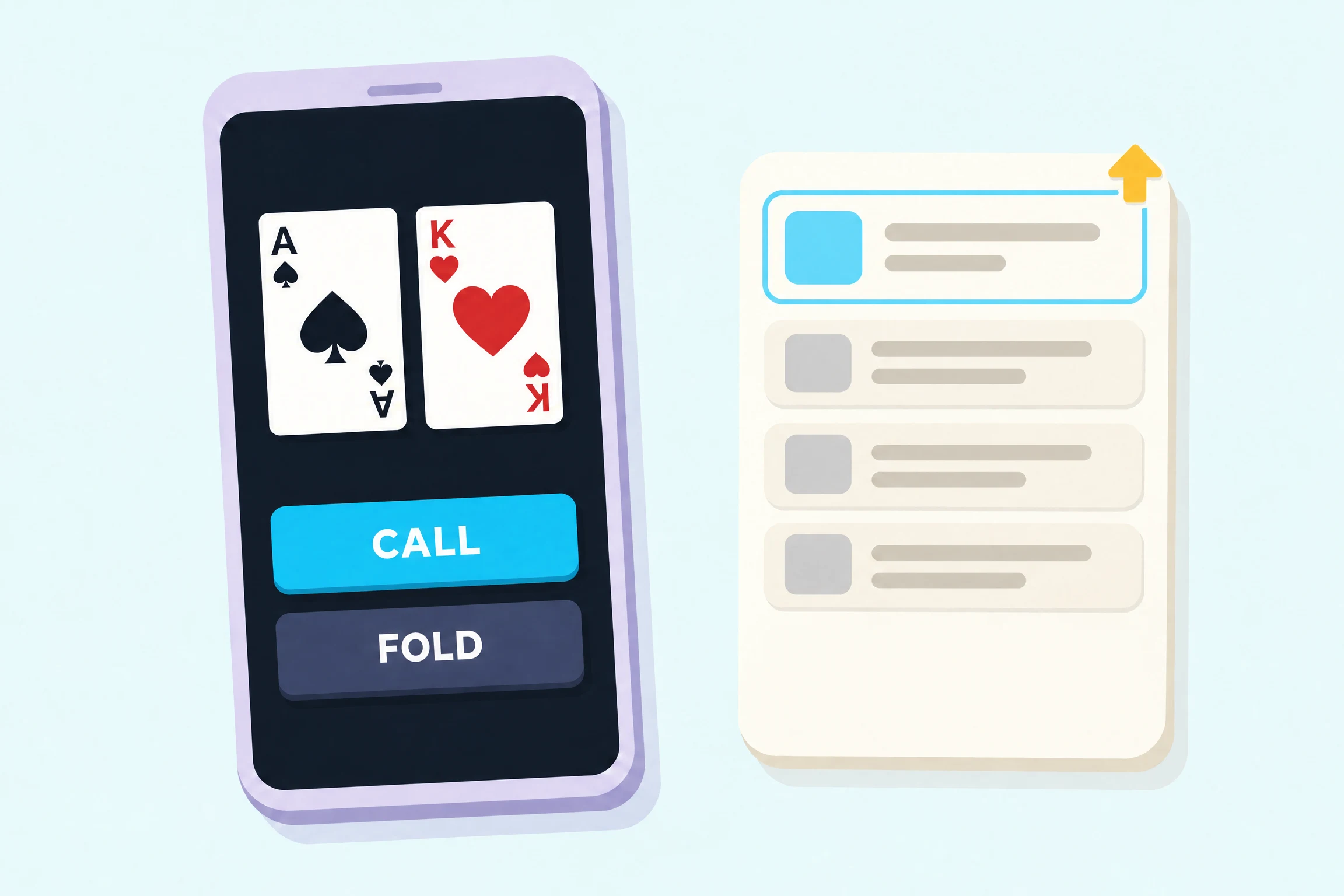 A phone showing the ace of spades and the king of hearts above a cyan Call button and a dark Fold button, beside a cream card holding a list of four rows, the top row outlined in cyan and marked with a small gold upward arrow.