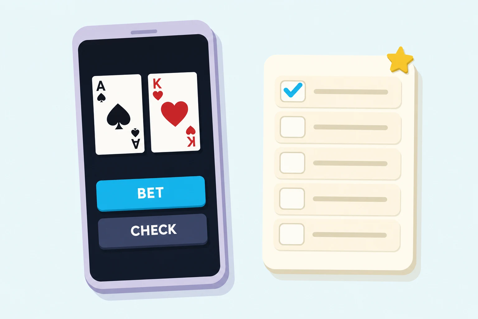 Poker learning app on a phone with hole cards and bet buttons beside a five-item checklist.