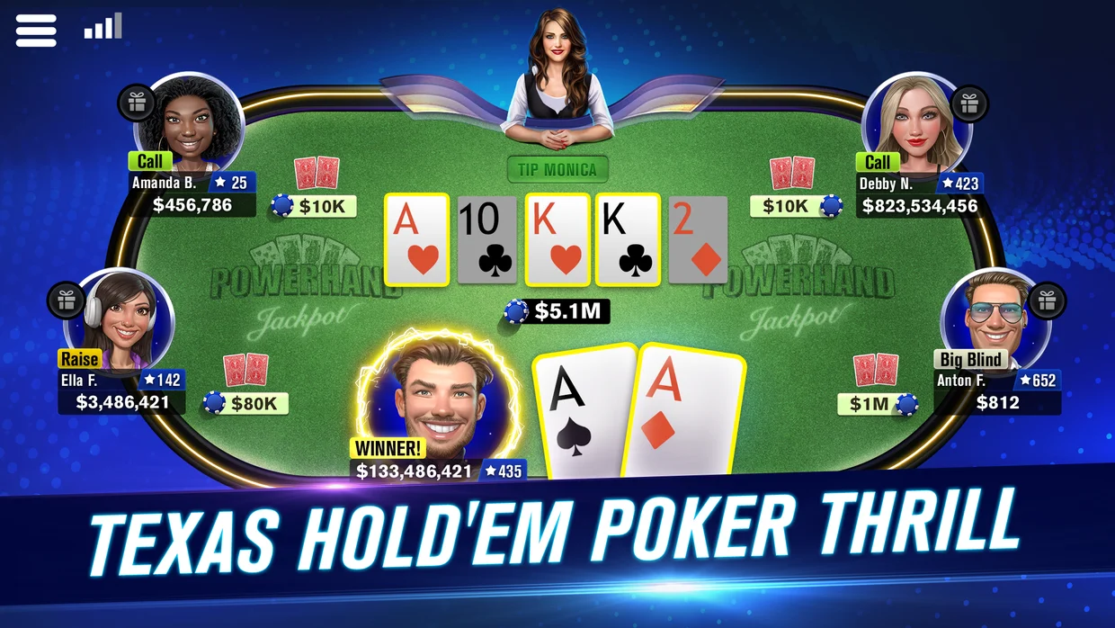 WSOP App Store screenshot headed Texas Hold'em Poker Thrill: a green table where the winning player holds two aces against a board of ace, ten, king, king and two, with labels such as Call, Raise and Big Blind beside the other players and a pot of $5.1M.