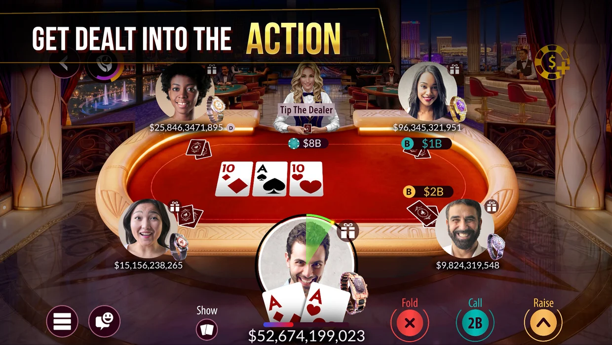 Zynga Poker App Store screenshot headed Get Dealt Into The Action: a red table in a casino room with five players and a dealer, a ten, an ace and a ten on the board, the player holding two aces with about 52.7 billion chips, and Fold, Call 2B and Raise buttons.
