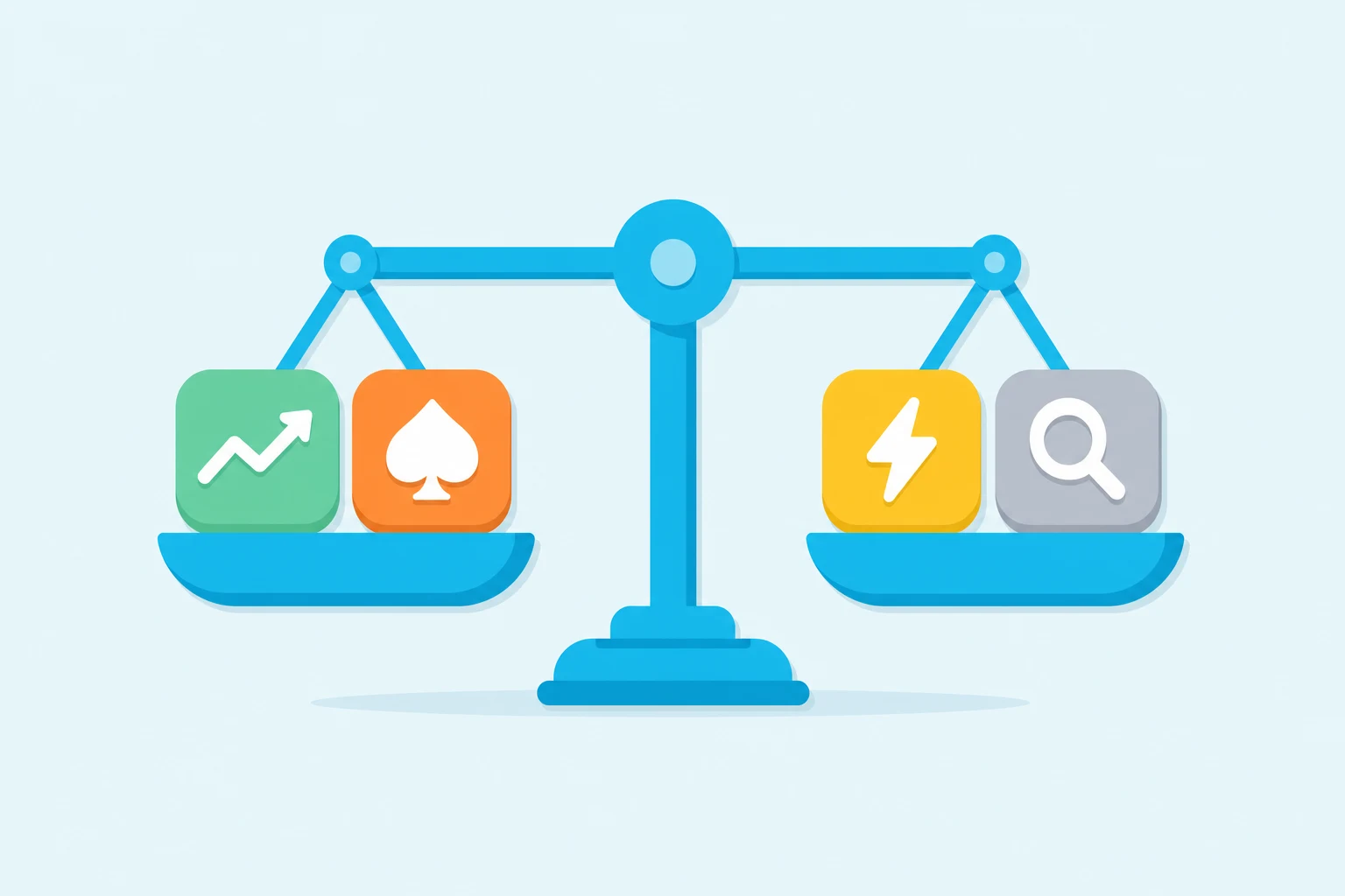 Poker training apps compared on a balance scale holding four app feature tiles.