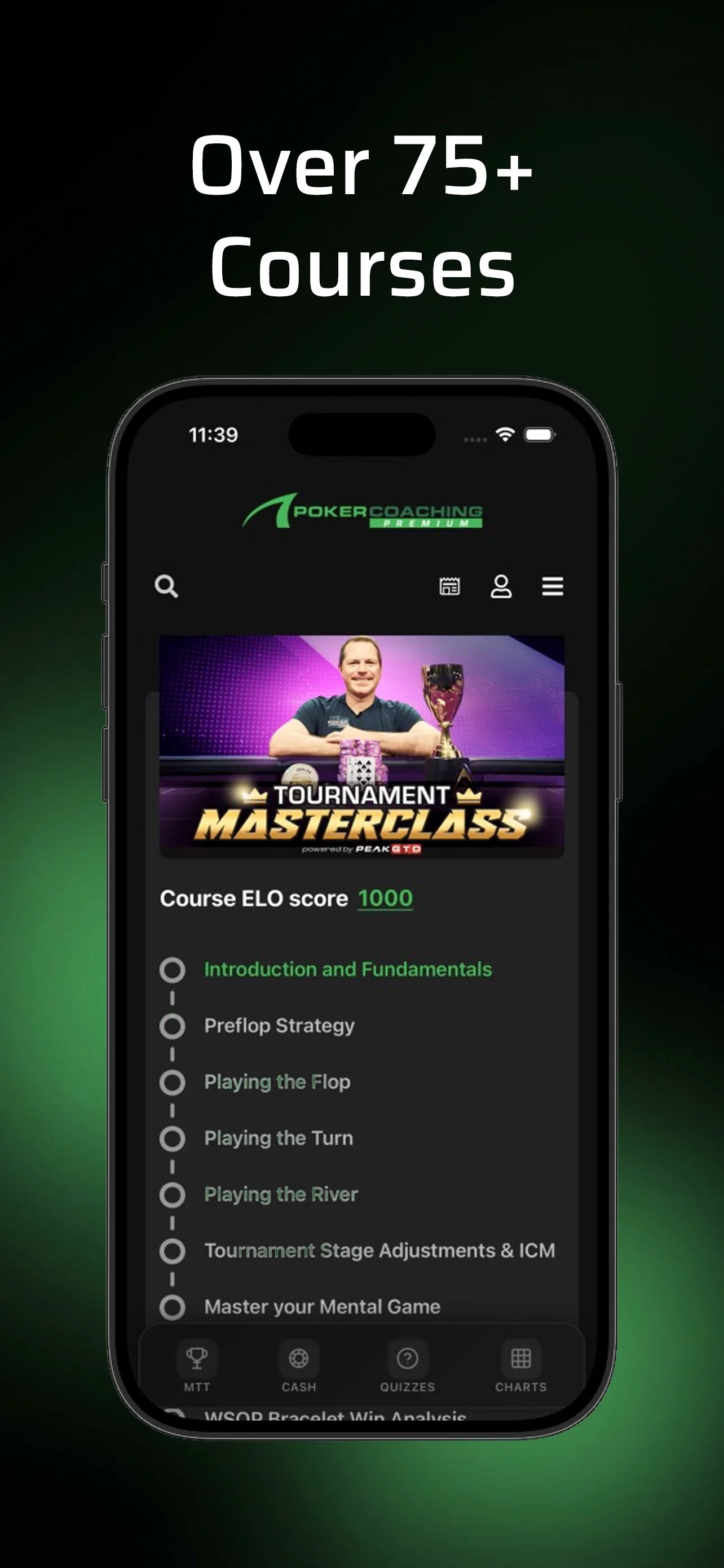 PokerCoaching App Store screenshot headed Over 75+ Courses, showing the Tournament Masterclass course page with its lesson list, from the introduction and fundamentals through preflop strategy and each street, above tabs for MTT, Cash, Quizzes and Charts.