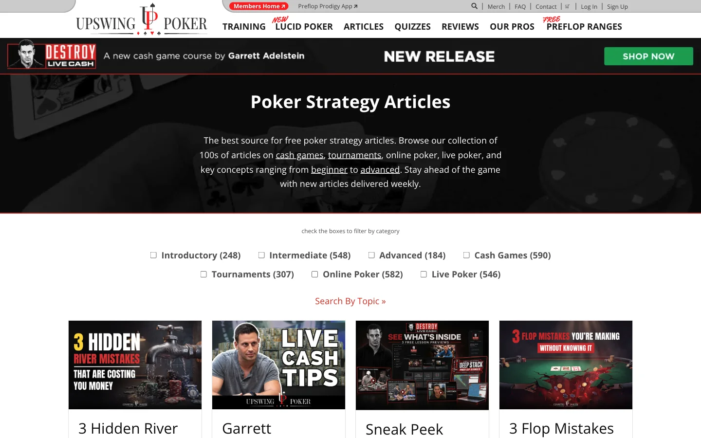 Upswing Poker's blog index headed Poker Strategy Articles, which calls itself the best source for free poker strategy articles. Filters for Introductory, Intermediate, Advanced, Cash Games, Tournaments, Online Poker and Live Poker each show an article count, above the newest posts.