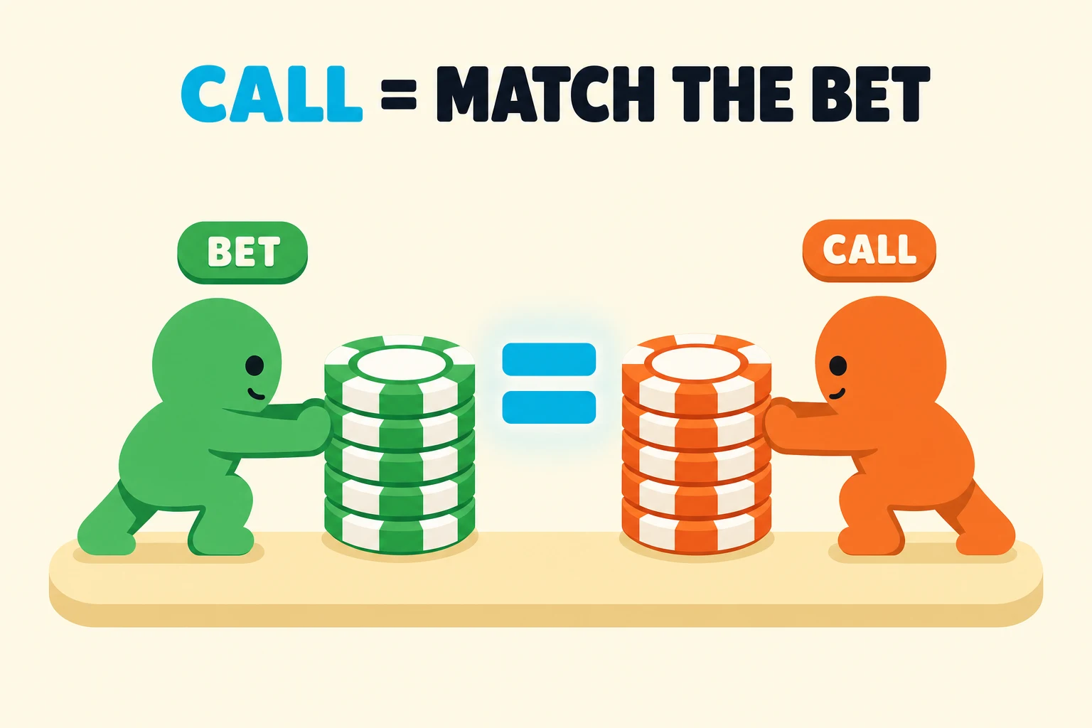 Calling in poker: two equal chip stacks pushed in, showing a call matches the bet.