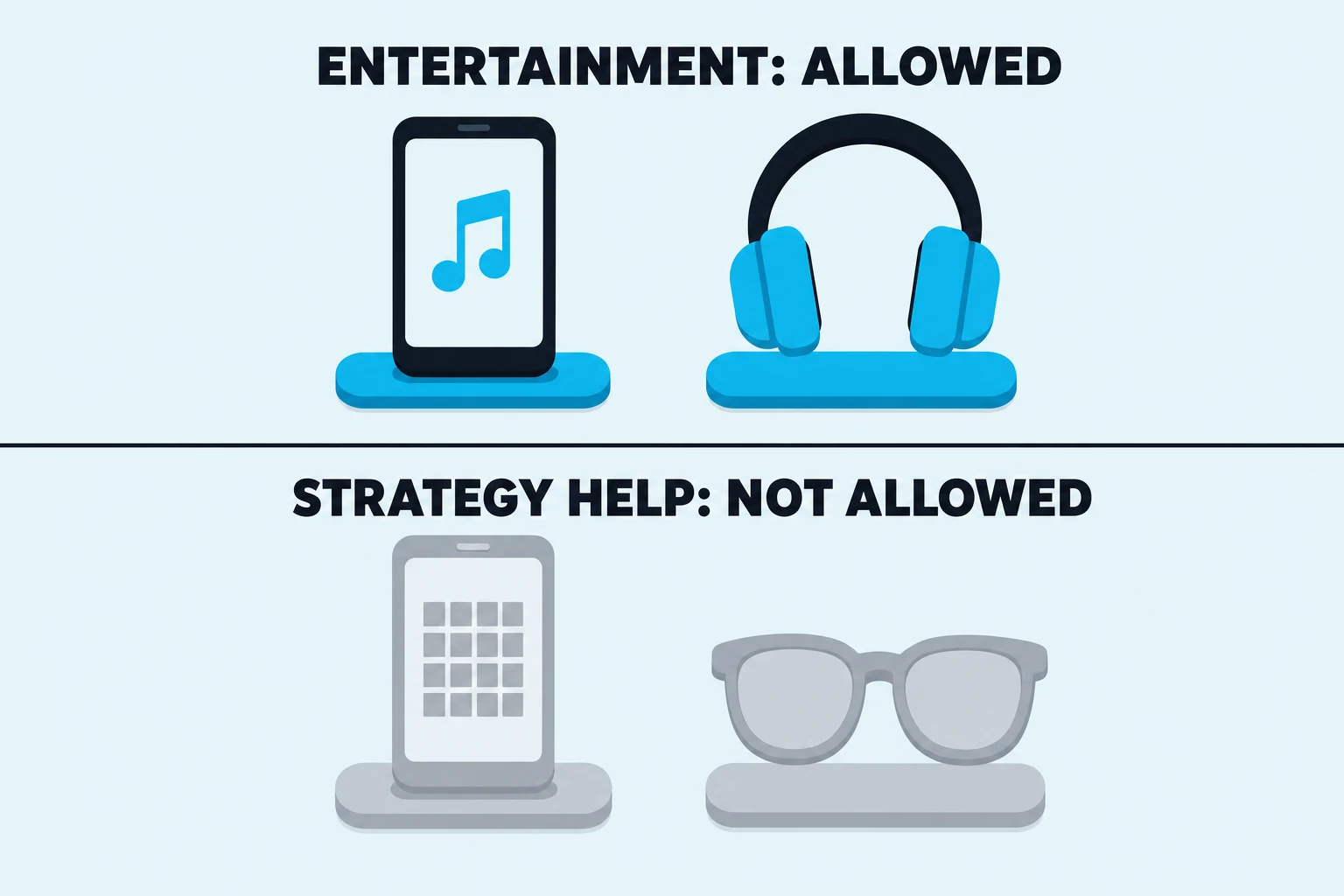 Poker table electronics rule: music and headphones allowed, strategy chart apps not allowed.