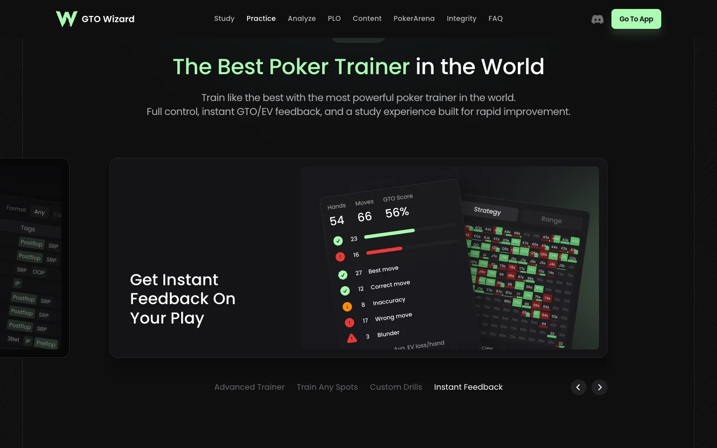 GTO Wizard homepage section headed The Best Poker Trainer in the World, on the slide Get Instant Feedback On Your Play. A session summary shows 54 hands, 66 moves and a GTO score of 56 percent, with counts of best moves, correct moves, inaccuracies, wrong moves and blunders beside a strategy grid.
