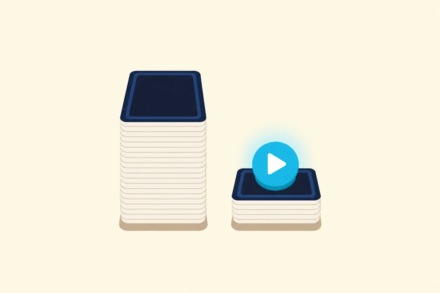 Two stacks of face-down cards with navy backs stand side by side on a cream background: a tall tower on the left and a short stack on the right, topped by a round cyan play button.