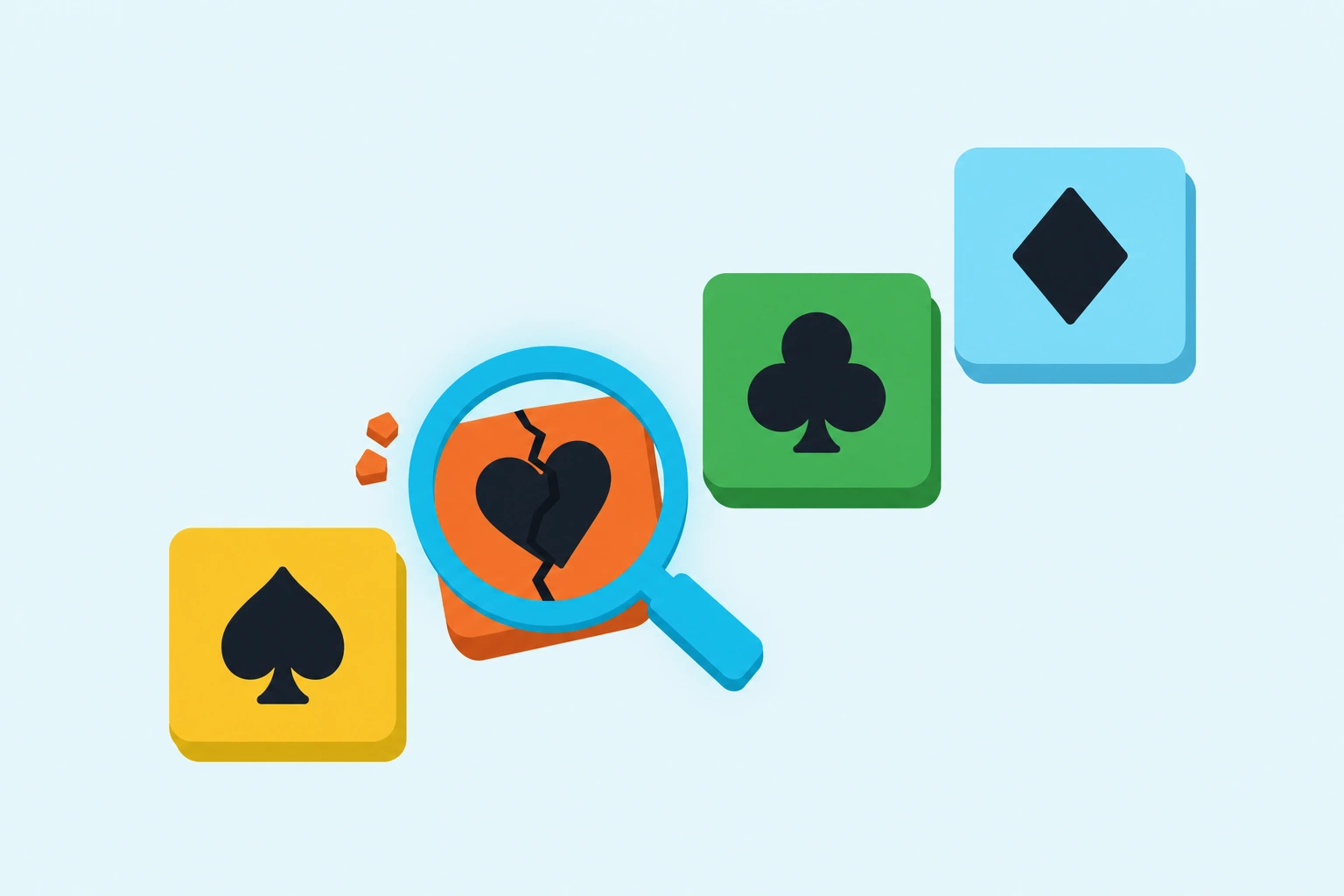 Getting better at poker: suit tiles climbing steps, a magnifying glass over the cracked one.