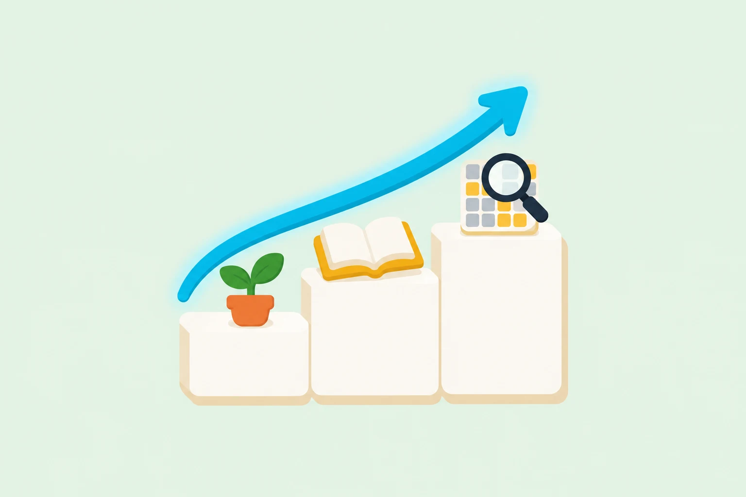 Three ivory blocks rise like steps, holding a green sprout in an orange pot, an open mustard book and a small grid under a magnifying glass, while a glowing cyan arrow climbs above them on a pale mint background.