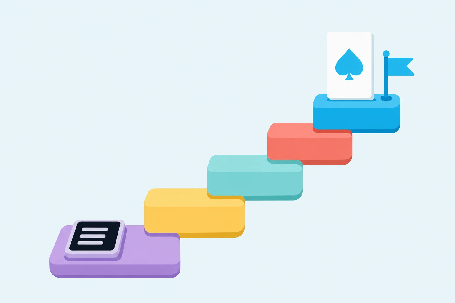 Learning poker online: stair steps from a phone screen up to a winning card and flag.
