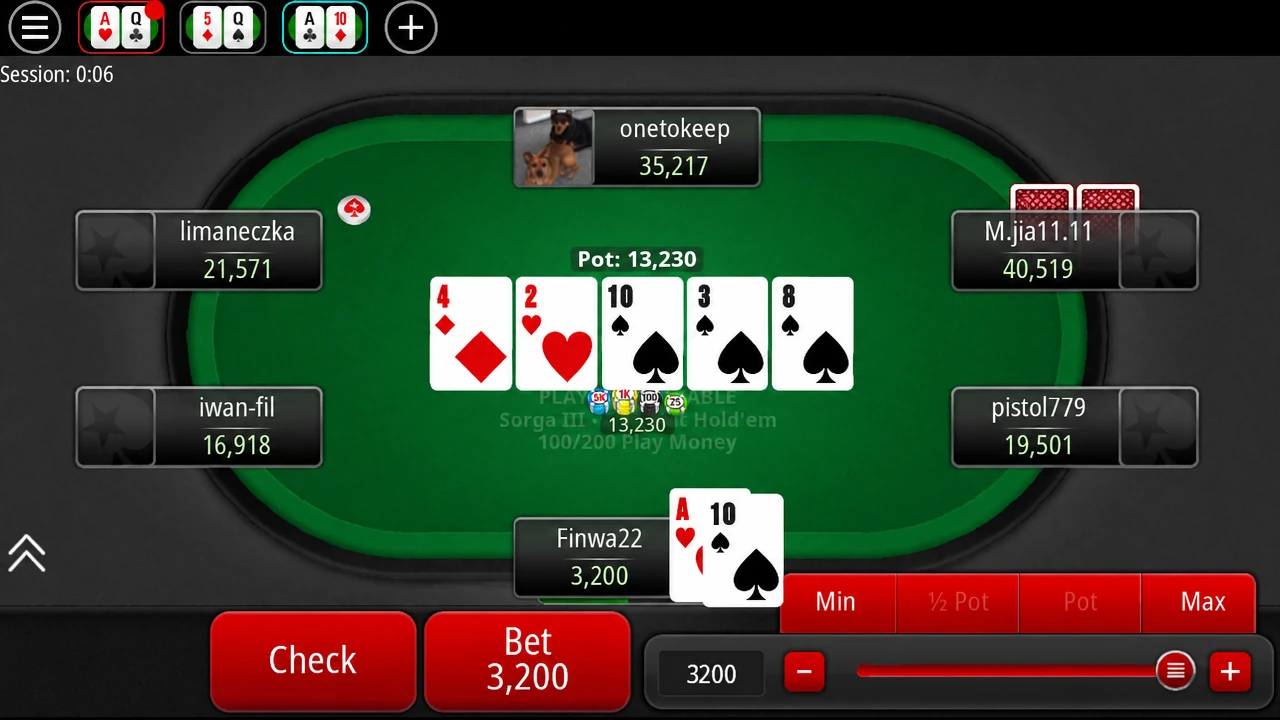 A PokerStars Play Money table with six seats, its felt reading 100/200 Play Money. The board shows the four of diamonds, two of hearts, ten of spades, three of spades and eight of spades, with 13,230 in the pot. The buttons read Check and Bet 3,200.