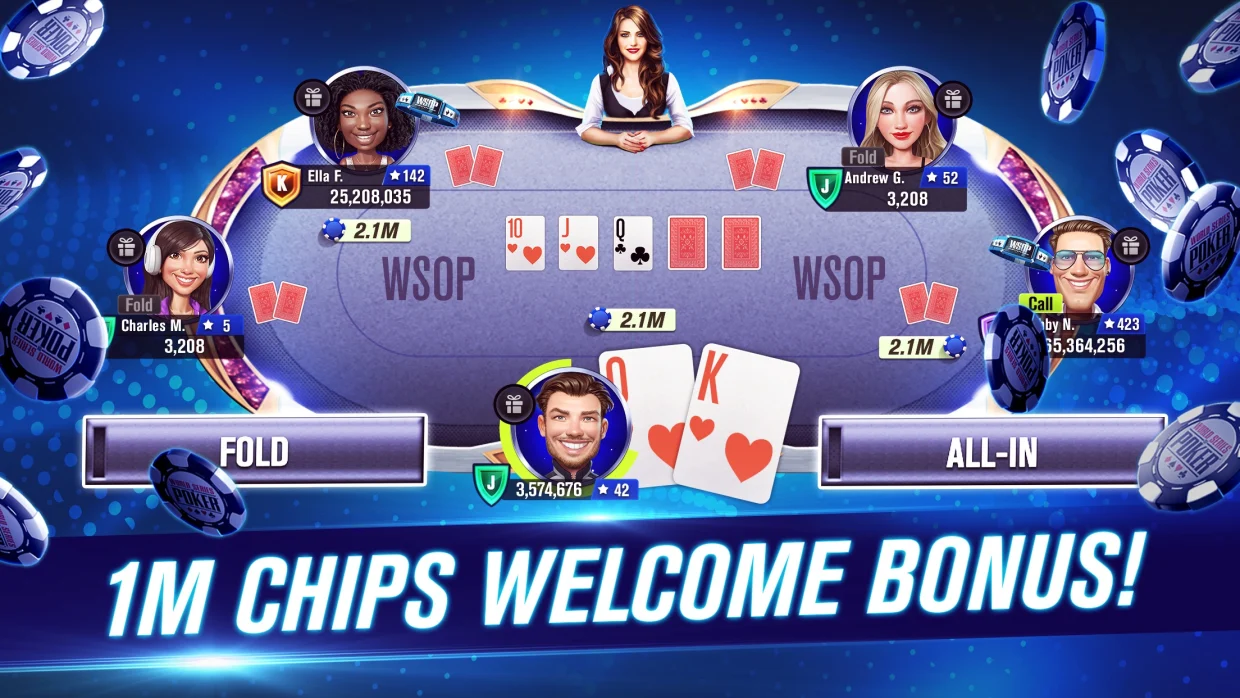 WSOP App Store screenshot headed 1M Chips Welcome Bonus: a purple table where the board shows the ten of hearts, jack of hearts and queen of clubs with two cards face down. The player at the bottom holds the queen and king of hearts with 3,574,676 chips. The two buttons read Fold and All-In.