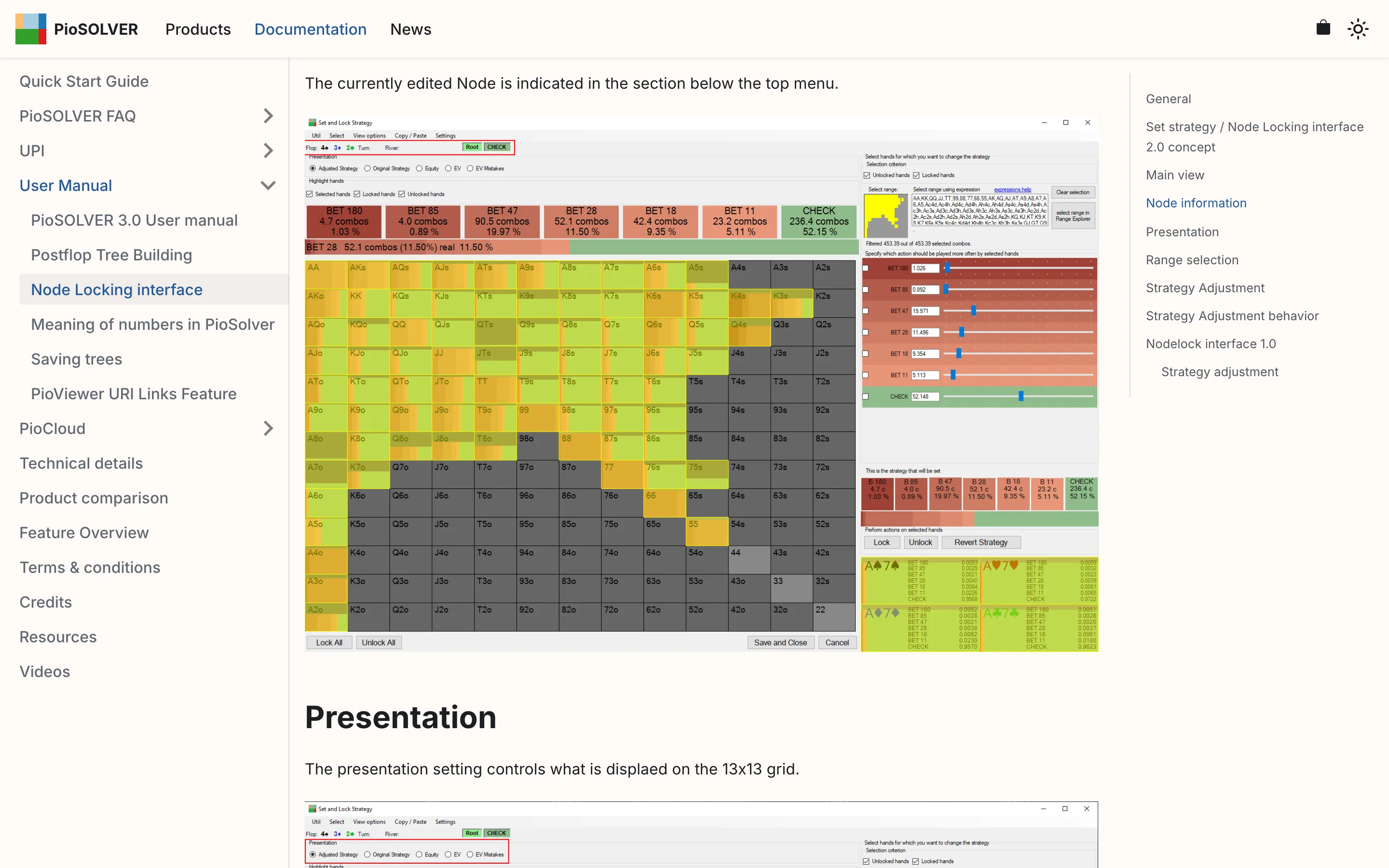 PioSolver's node locking window on its documentation site: a four, three, two flop after a check at the root, an action bar from a bet of 180 down to check, a 13 by 13 hand grid shaded by strategy, a slider for each action and strategy boxes for four ace-seven hands.
