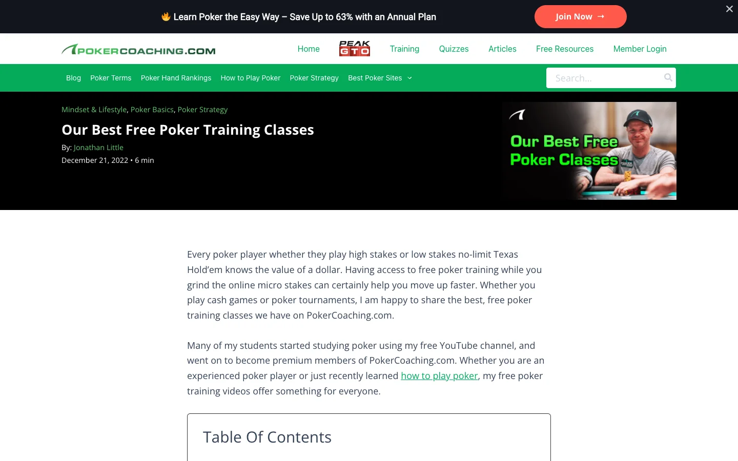 PokerCoaching's page Our Best Free Poker Training Classes, by Jonathan Little, dated December 21, 2022, under a banner offering savings on an annual plan, with its opening paragraphs on free poker training and his free YouTube channel.