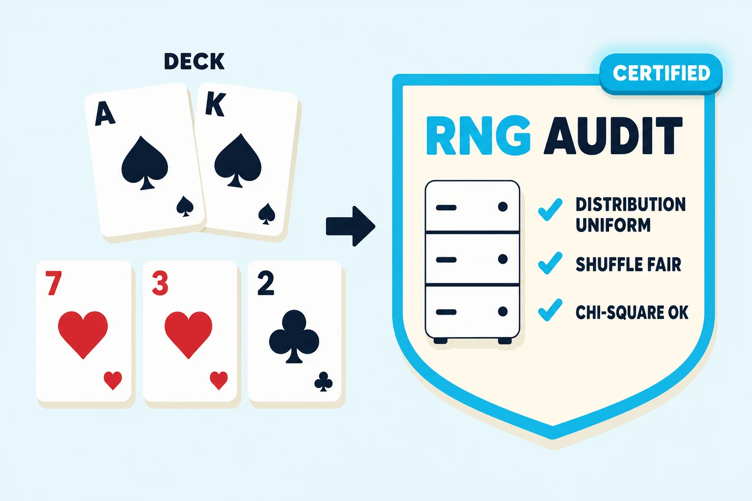 Flat illustration on a pale cream background. On the left, under a small dark-navy DECK label, two chunky playing cards show the ace of spades and the king of spades, both with black pip suits. Three flop cards spread below in a row: the seven of hearts and the three of hearts in red, and the two of clubs in black. A short dark-navy arrow points right toward the right half of the frame, where a tall cyan-bordered shield panel sits on a warm cream interior. The shield's chunky bold header reads RNG AUDIT, with the letters RNG in cyan and AUDIT in dark navy. Inside the shield, a single chunky ivory-white server-rack icon with three horizontal slot lines stands beside three stacked status rows, each preceded by a cyan checkmark and reading DISTRIBUTION UNIFORM, SHUFFLE FAIR, and CHI-SQUARE OK in dark-navy uppercase. A small cyan pill labelled CERTIFIED in white sits at the top-right corner of the shield.