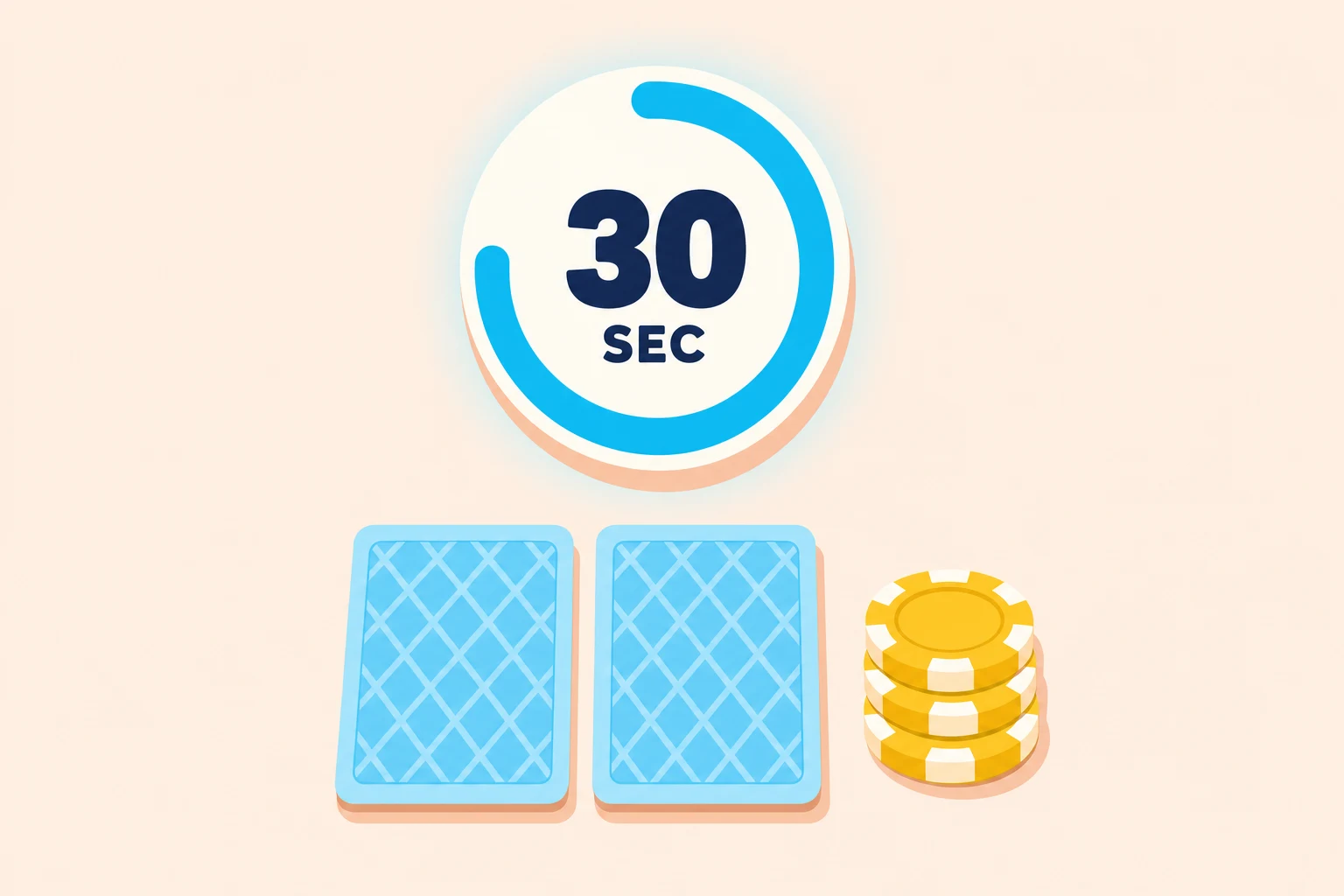 Poker shot clock: a 30 second timer over face-down cards and a small chip stack.
