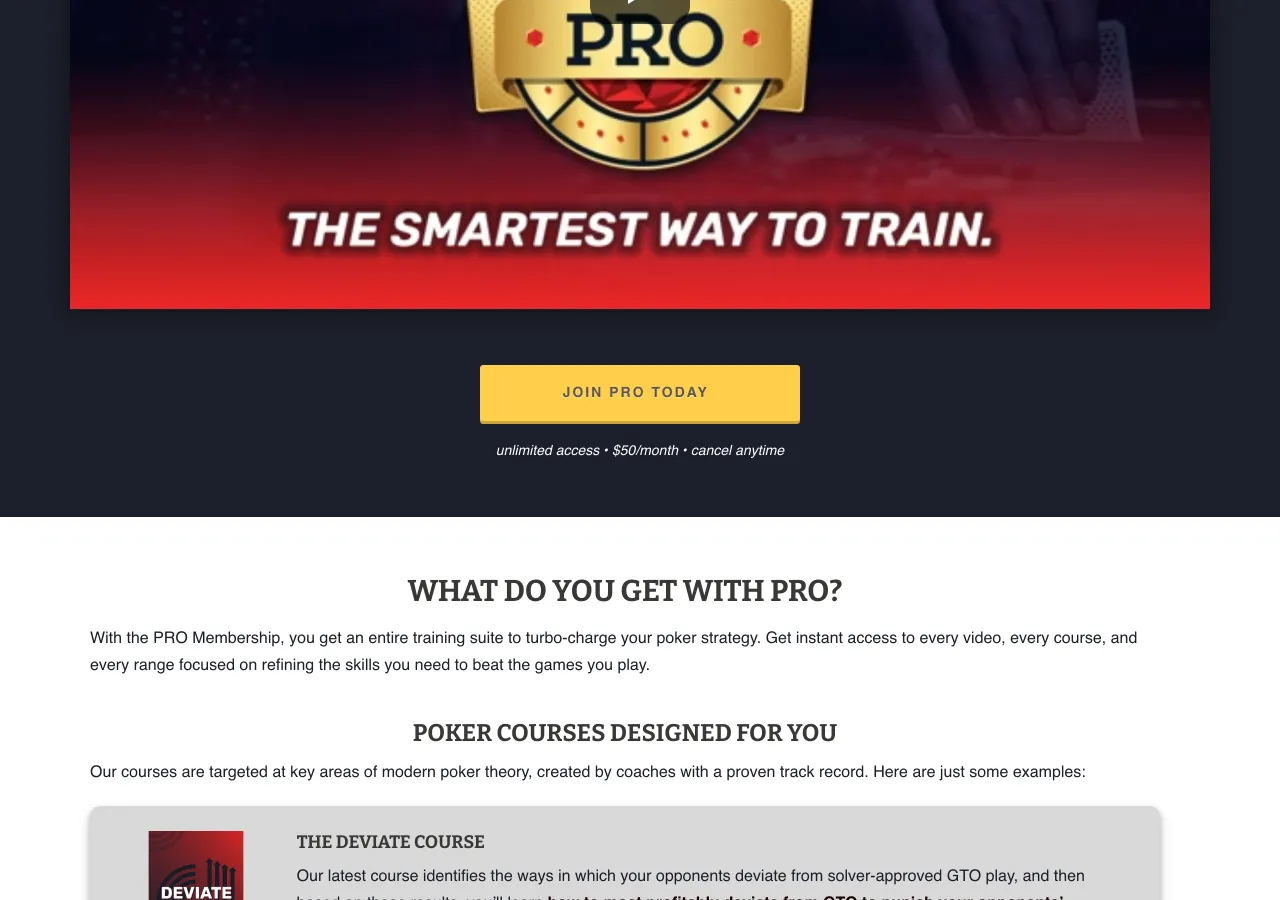 Red Chip Poker PRO membership page showing the join button with unlimited access at $50 per month, cancel anytime, above a section describing the courses included.
