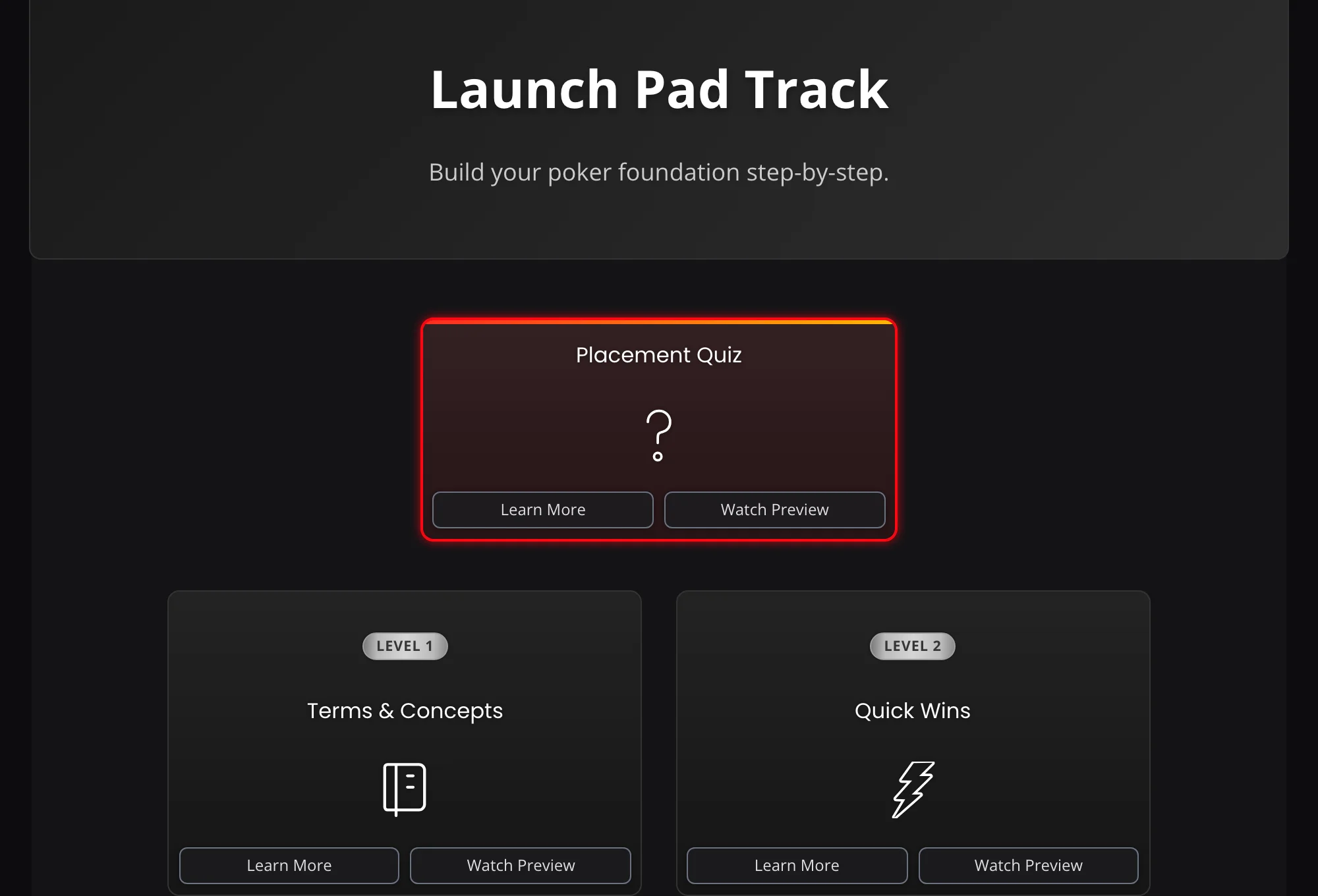Upswing Lab 2.0 web page section headed Launch Pad Track, Build your poker foundation step-by-step, with a Placement Quiz tile above Level 1 Terms & Concepts and Level 2 Quick Wins, each with Learn More and Watch Preview buttons.