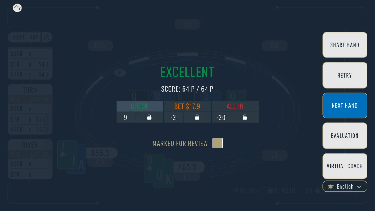 DTO Cash App Store screenshot of a graded river decision: the word Excellent and a score of 64 P out of 64 P above three options, check at 9, a bet of 17.9 dollars at minus 2 and all in at minus 20, beside buttons for Share hand, Retry, Next hand, Evaluation and Virtual coach.