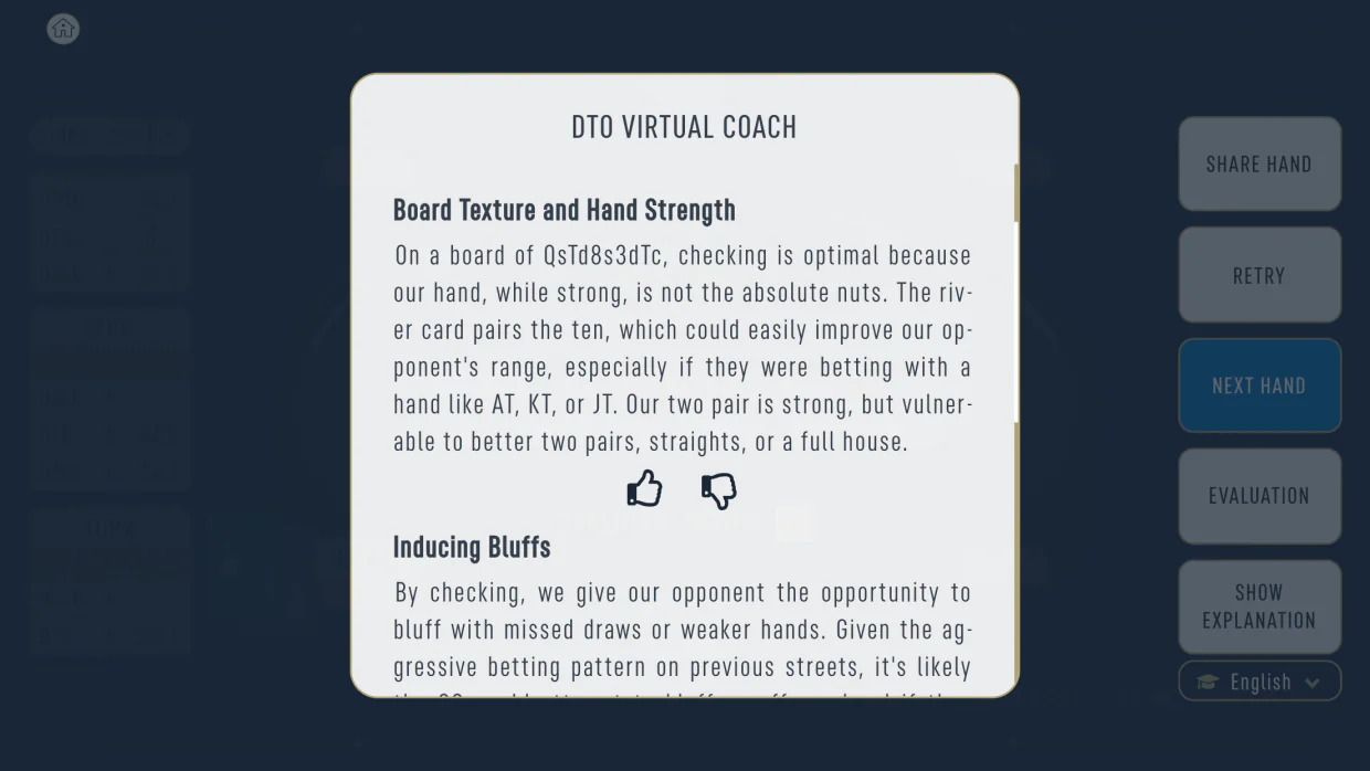 DTO Cash App Store screenshot of the DTO Virtual Coach panel. Under Board Texture and Hand Strength it says that on a board of queen, ten, eight, three, ten, checking is optimal because the hand is strong but not the nuts, and a second section is headed Inducing Bluffs.
