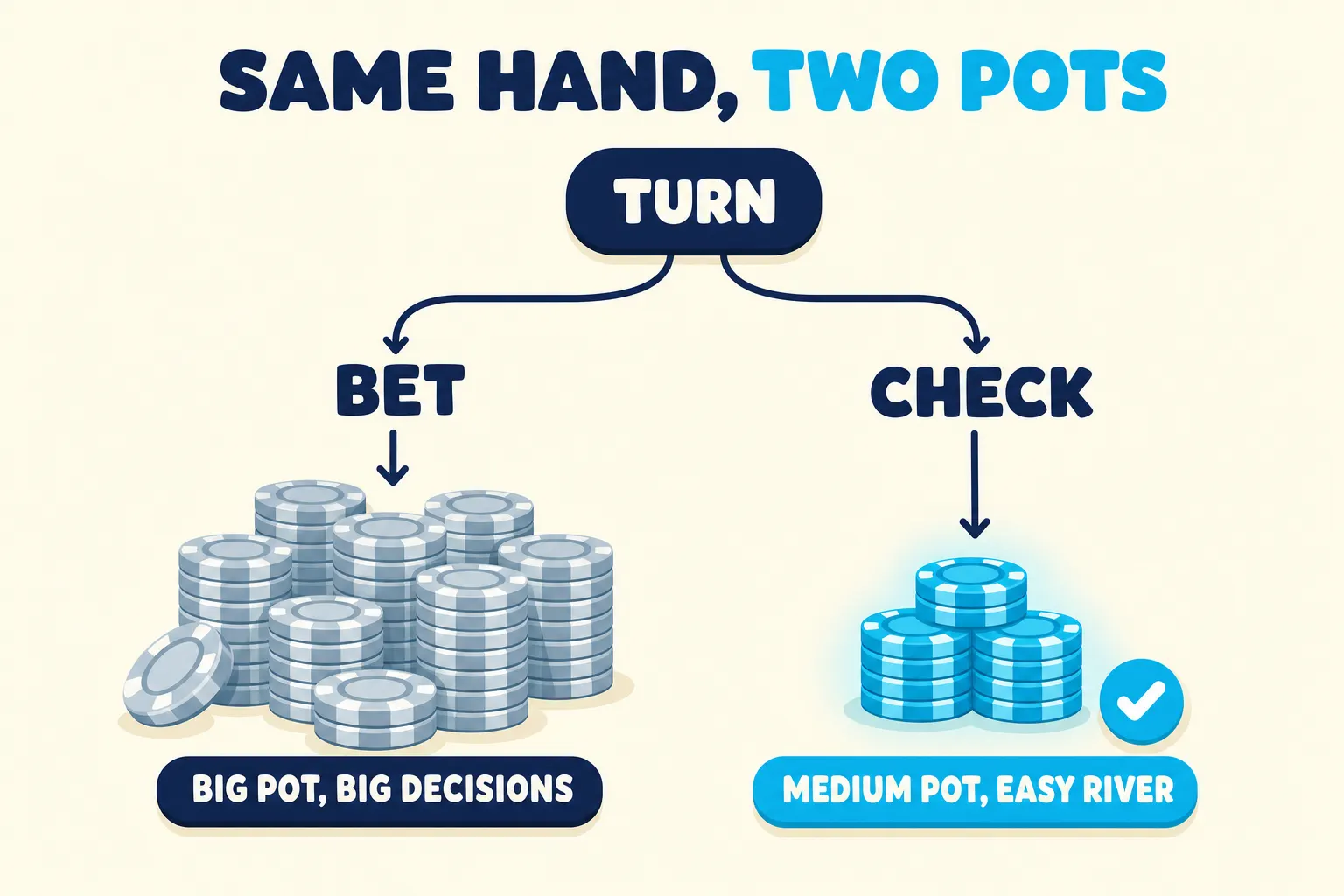 Decision tree on warm cream titled SAME HAND, TWO POTS, with TWO POTS in cyan. From a navy TURN node, a BET branch leads to a sprawling pile of grey chips labeled BIG POT, BIG DECISIONS, while a CHECK branch leads to a neat medium pile of glowing cyan chips labeled MEDIUM POT, EASY RIVER with a cyan check badge.