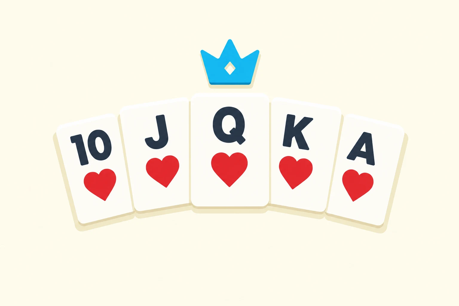 Royal flush in hearts: ten through ace fanned in a row under a small crown.