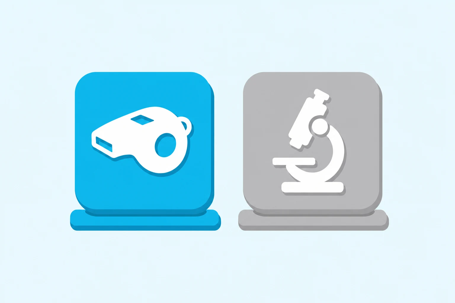 Poker trainer vs solver: a coach's whistle tile beside a microscope tile.