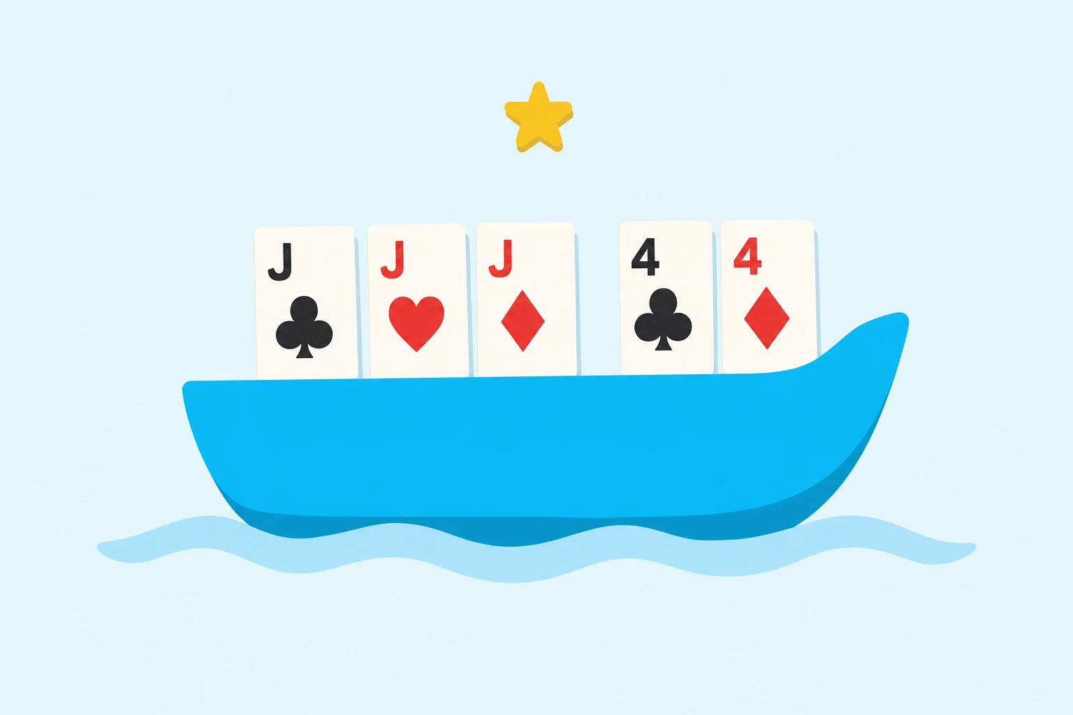 Full house as a boat: three jacks and two fours riding in a cartoon boat.