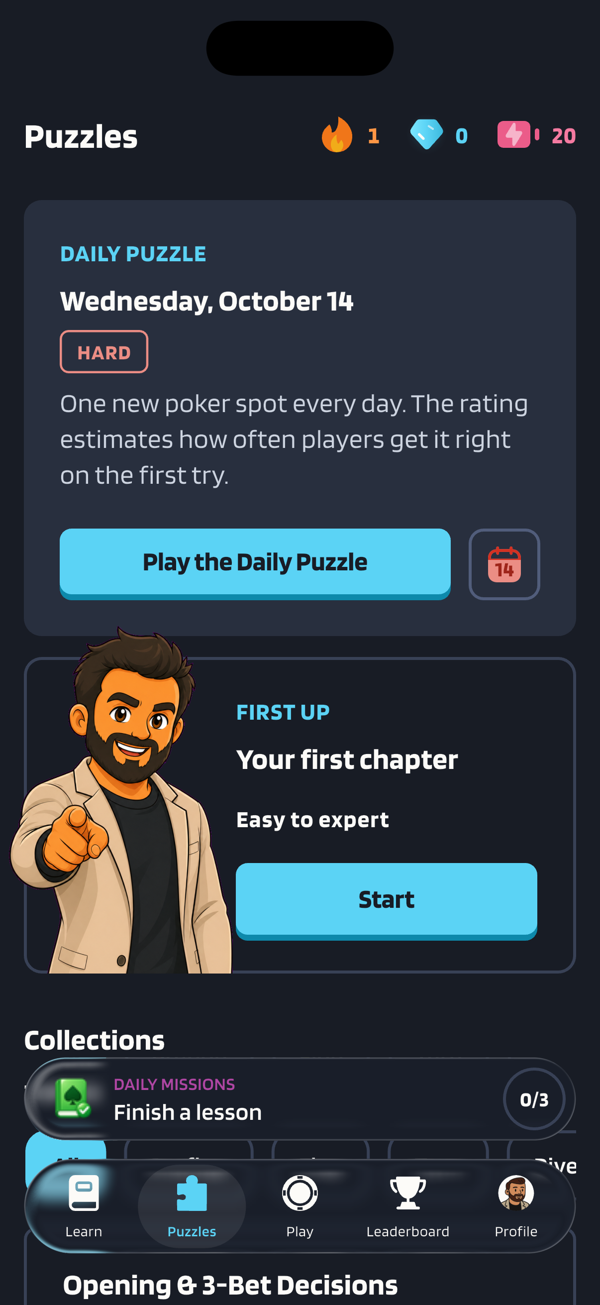 The Puzzles tab, where the Daily Puzzle for Wednesday, October 14 is rated Hard and has a Play the Daily Puzzle button.