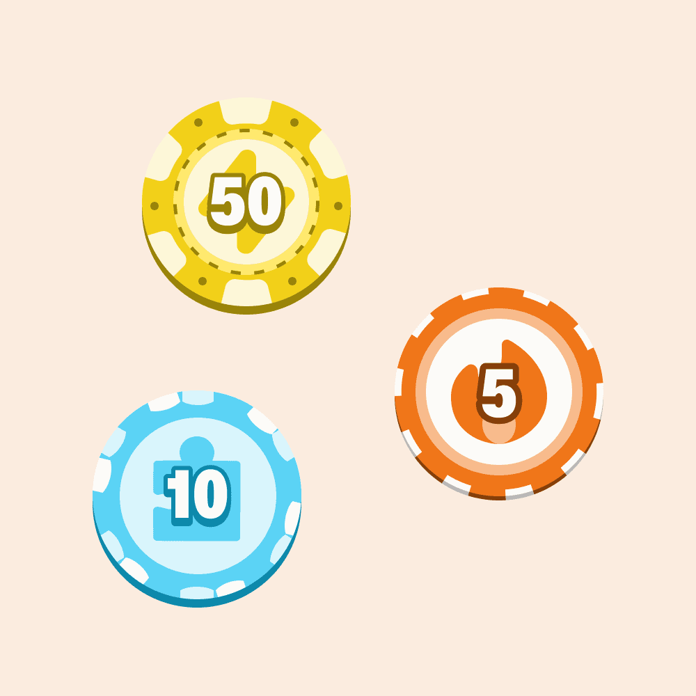 Three poker chips marked 50 with a lightning bolt, 5 with a flame and 10 with a puzzle piece.