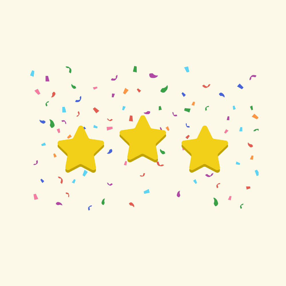 Three gold stars over confetti.
