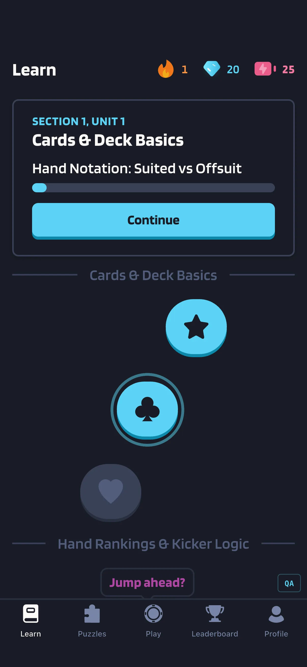 Poker Skill Learn lobby showing beginner-friendly lesson paths.