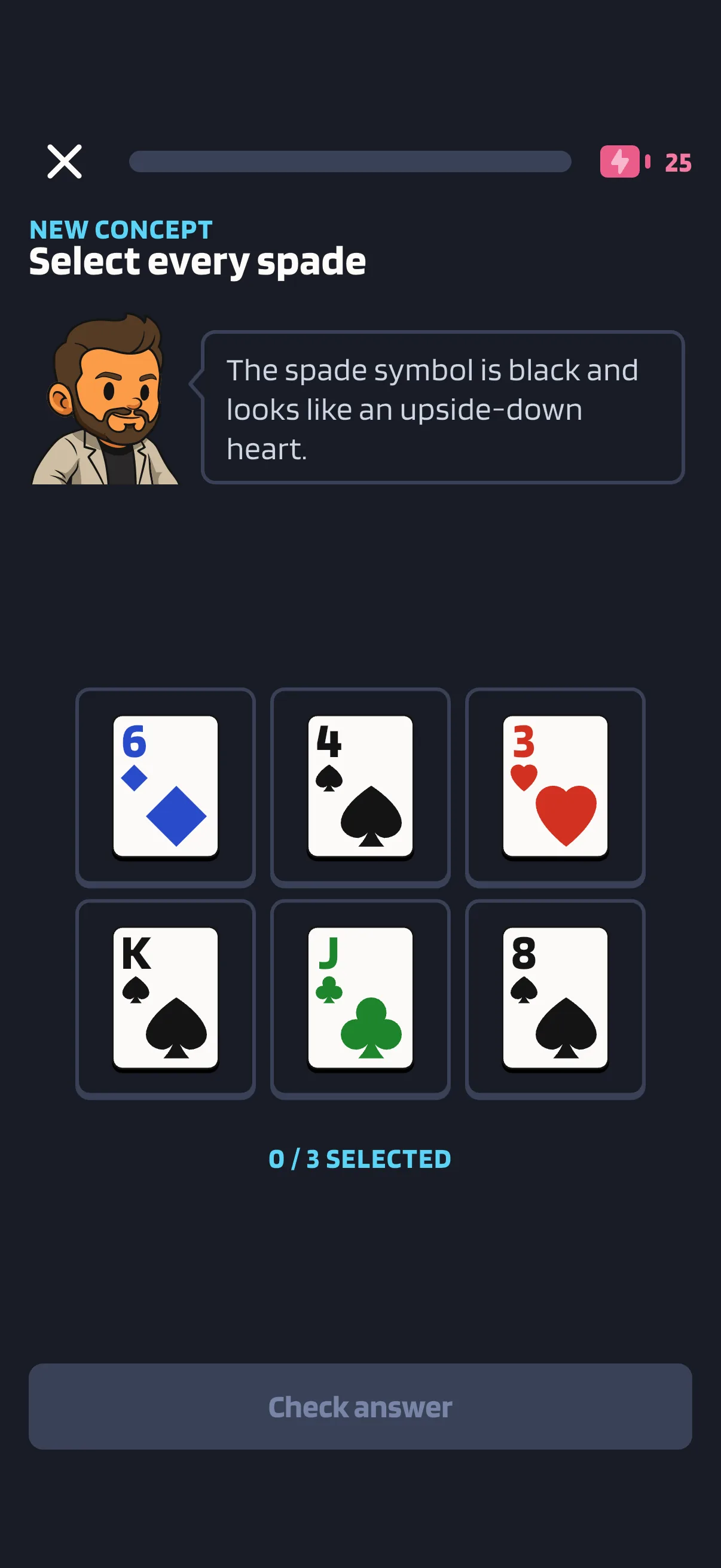 Poker Skill beginner lesson question screen.