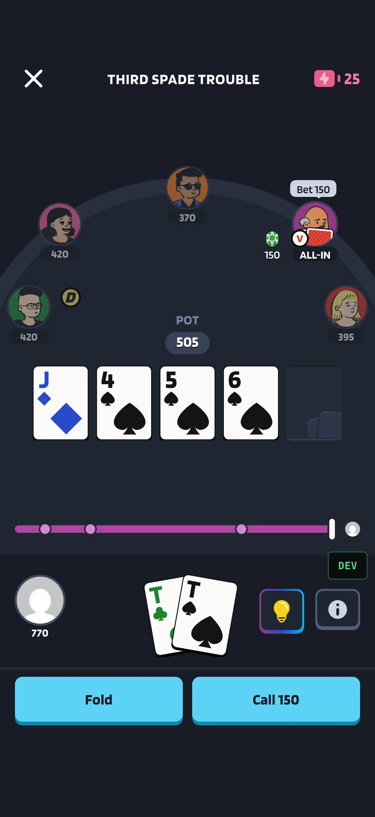 Poker Skill puzzle screen with a decision to make.