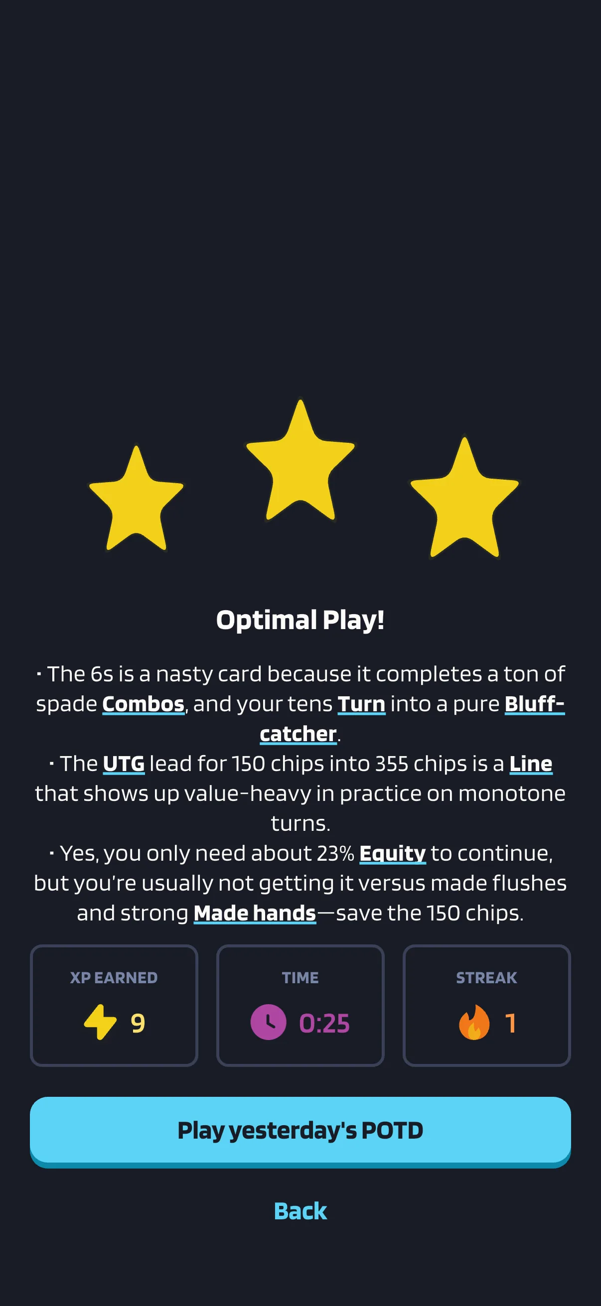 Poker Skill feedback screen explaining a completed choice.
