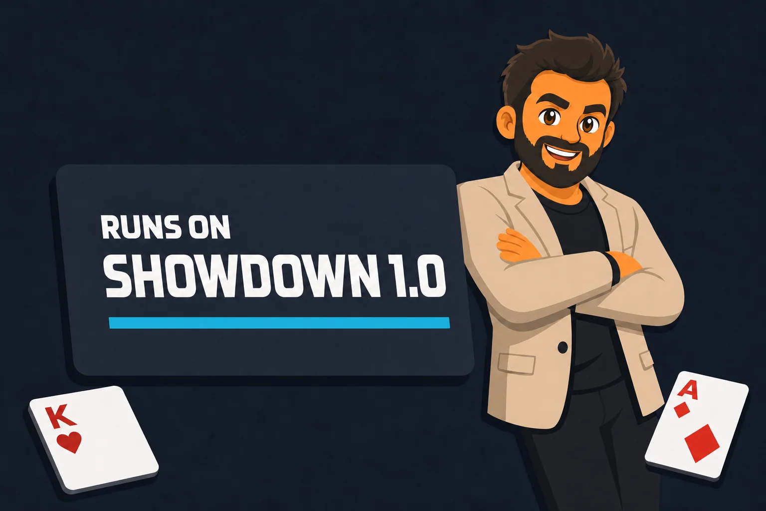 Max, the Poker Skill coach, leaning casually on a plate that reads Runs on Showdown 1.0.
