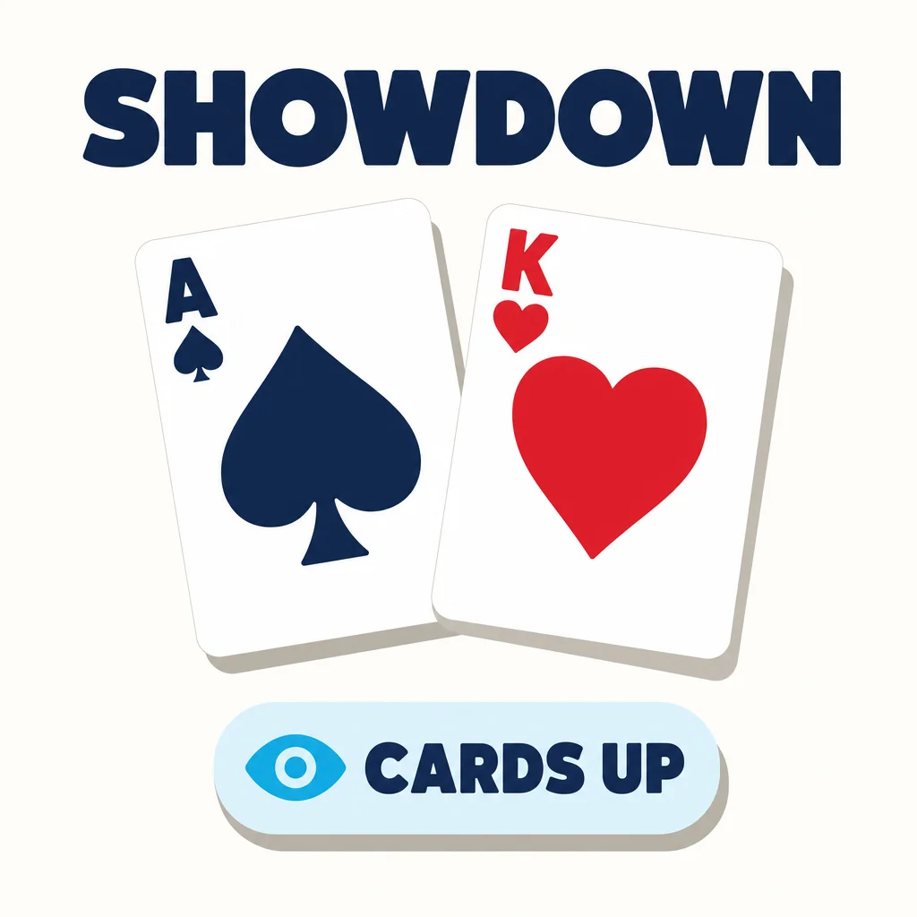 Two playing cards flipped face up at showdown, with a cards-up badge below.