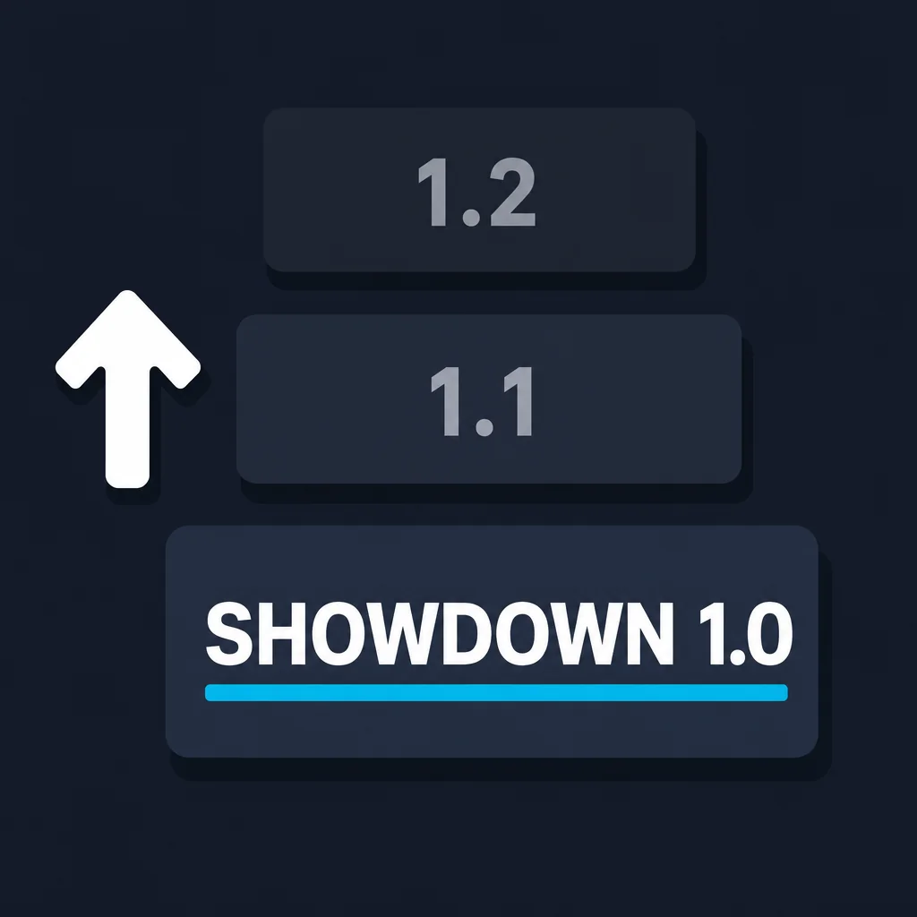 Version plates for Showdown 1.0 and the retrains that follow it, stacked as a ladder.