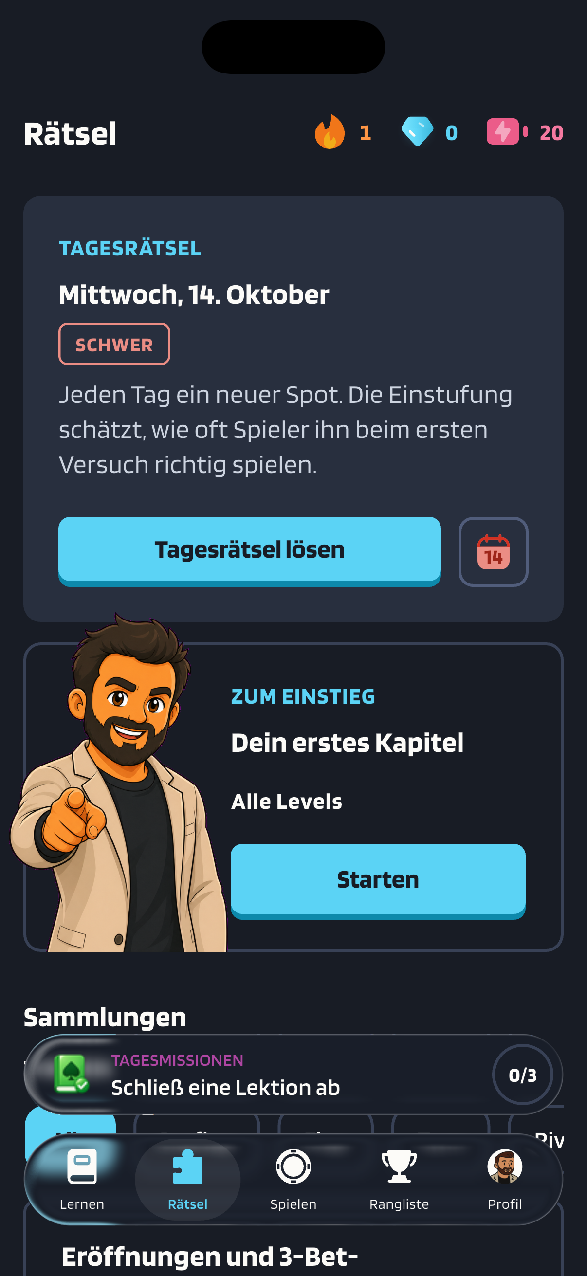 Der Tab „Rätsel“, in dem das Tagesrätsel für Mittwoch, 14. Oktober, als „Schwer“ eingestuft ist und die Schaltfläche „Tagesrätsel lösen“ hat.