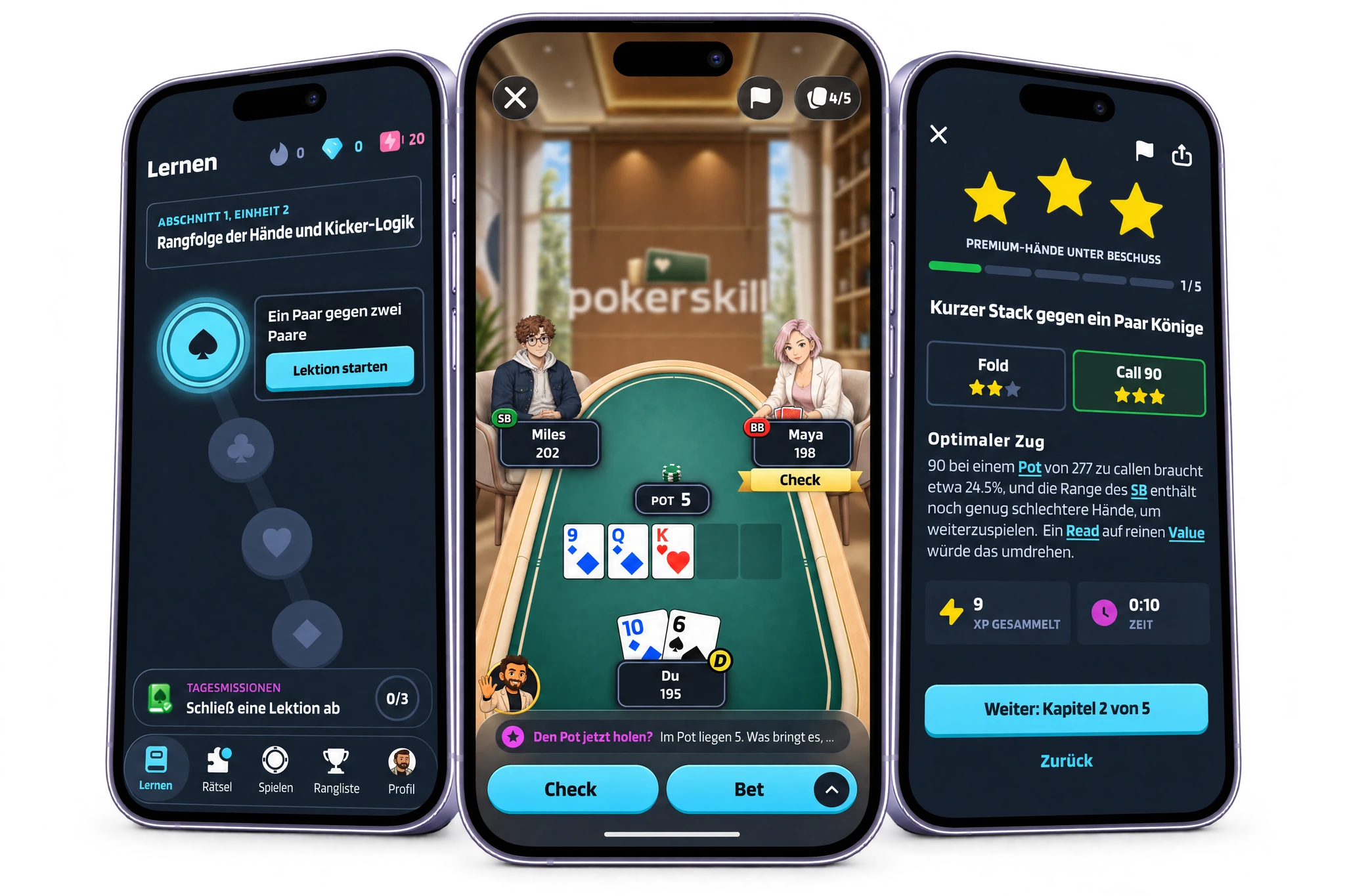 Drei Smartphones mit der Poker-App Poker Skill: der Lernpfad mit der Einheit „Rangfolge der Hände und Kicker-Logik“, eine Hand am Tisch von Maya im Training gegen die KI, bei der Coach Max fragt, ob du den Pot jetzt holen willst, und das Rätsel „Kurzer Stack gegen ein Paar Könige“, gelöst mit drei Sternen.
