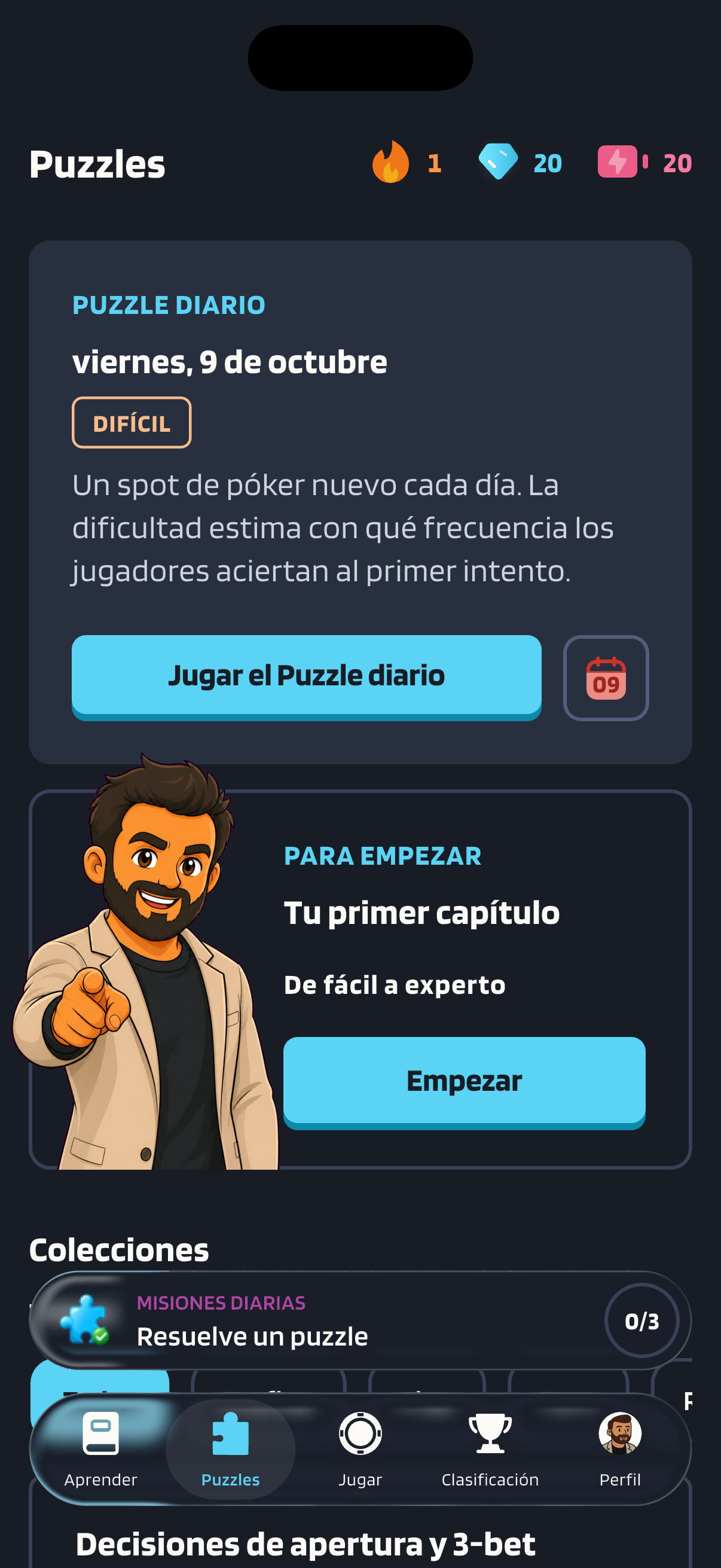 La pestaña Puzzles de Poker Skill muestra el Puzzle diario del viernes 9 de octubre con la etiqueta Difícil y, debajo, el texto: un spot de póker nuevo cada día; la dificultad estima con qué frecuencia los jugadores aciertan al primer intento. Le siguen un botón Jugar el Puzzle diario y, más abajo, un primer capítulo con un botón Empezar. La barra de Misiones diarias muestra la misión Resuelve un puzzle y 0 de 3 misiones completadas.
