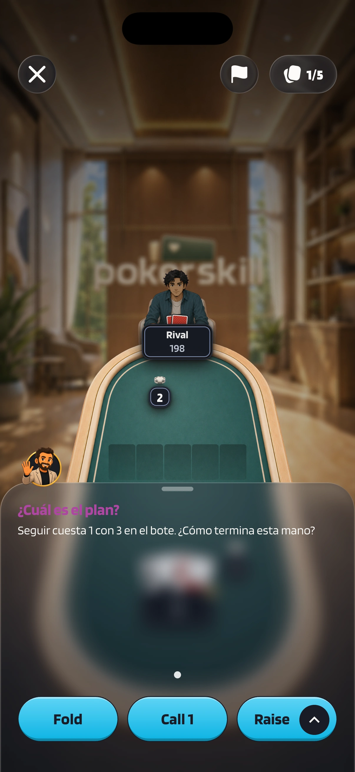 Una mano de Práctica contra la IA frente a Rival: la tarjeta de Coach Max, titulada “¿Cuál es el plan?”, te dice que seguir cuesta 1 con 3 en el bote y te pregunta cómo termina esta mano.