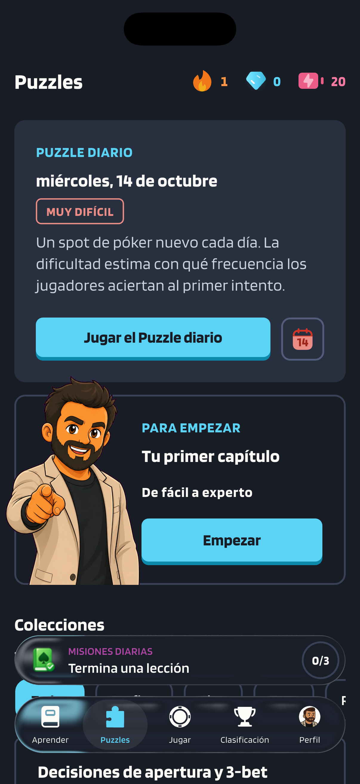 La pestaña Puzzles, donde el Puzzle diario del miércoles 14 de octubre está marcado como “Muy difícil” y tiene el botón “Jugar el Puzzle diario”.