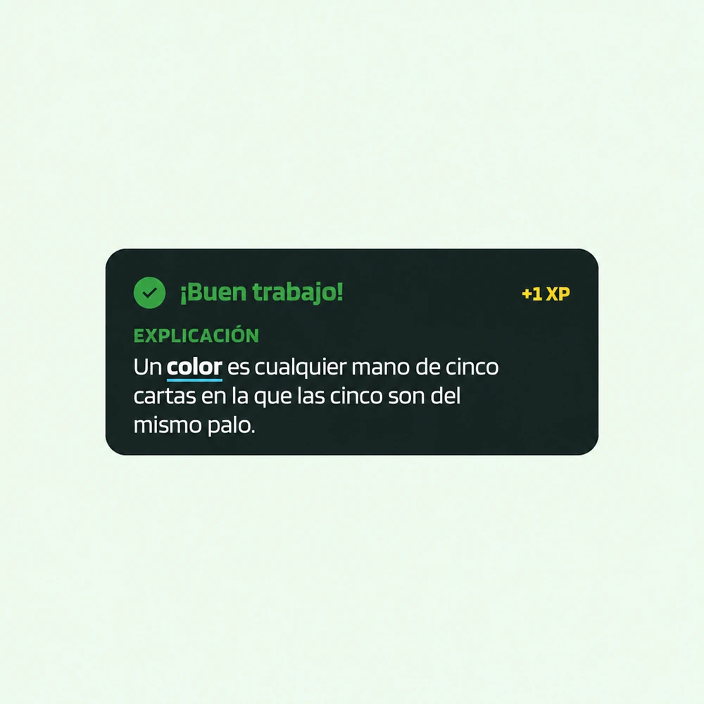 Tarjeta de respuesta de Poker Skill: “¡Buen trabajo!”, +1 XP y una explicación de qué es un color.
