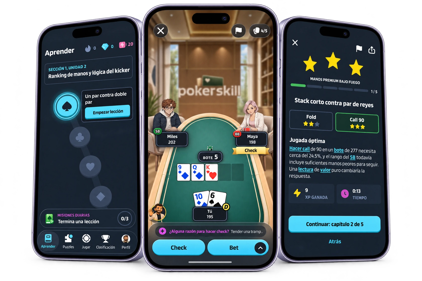 Tres teléfonos con la app de póker Poker Skill: la lección “Un par contra doble par”, el puzzle “Stack corto contra par de reyes” resuelto con la jugada óptima y una mano de Práctica contra la IA en la que Coach Max pregunta si hay alguna razón para hacer check.