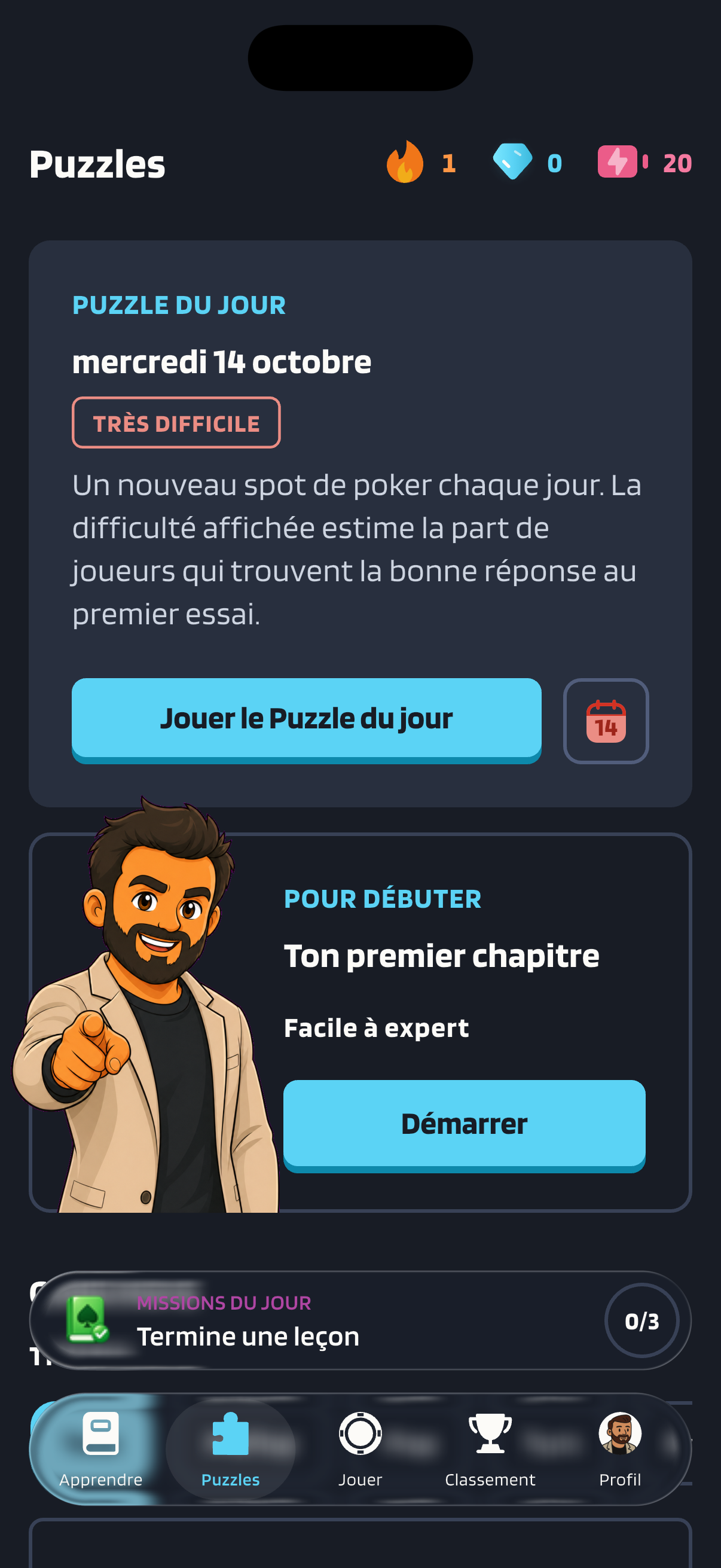L’onglet Puzzles, où le Puzzle du jour du mercredi 14 octobre est marqué Très difficile, avec un bouton Jouer le Puzzle du jour.