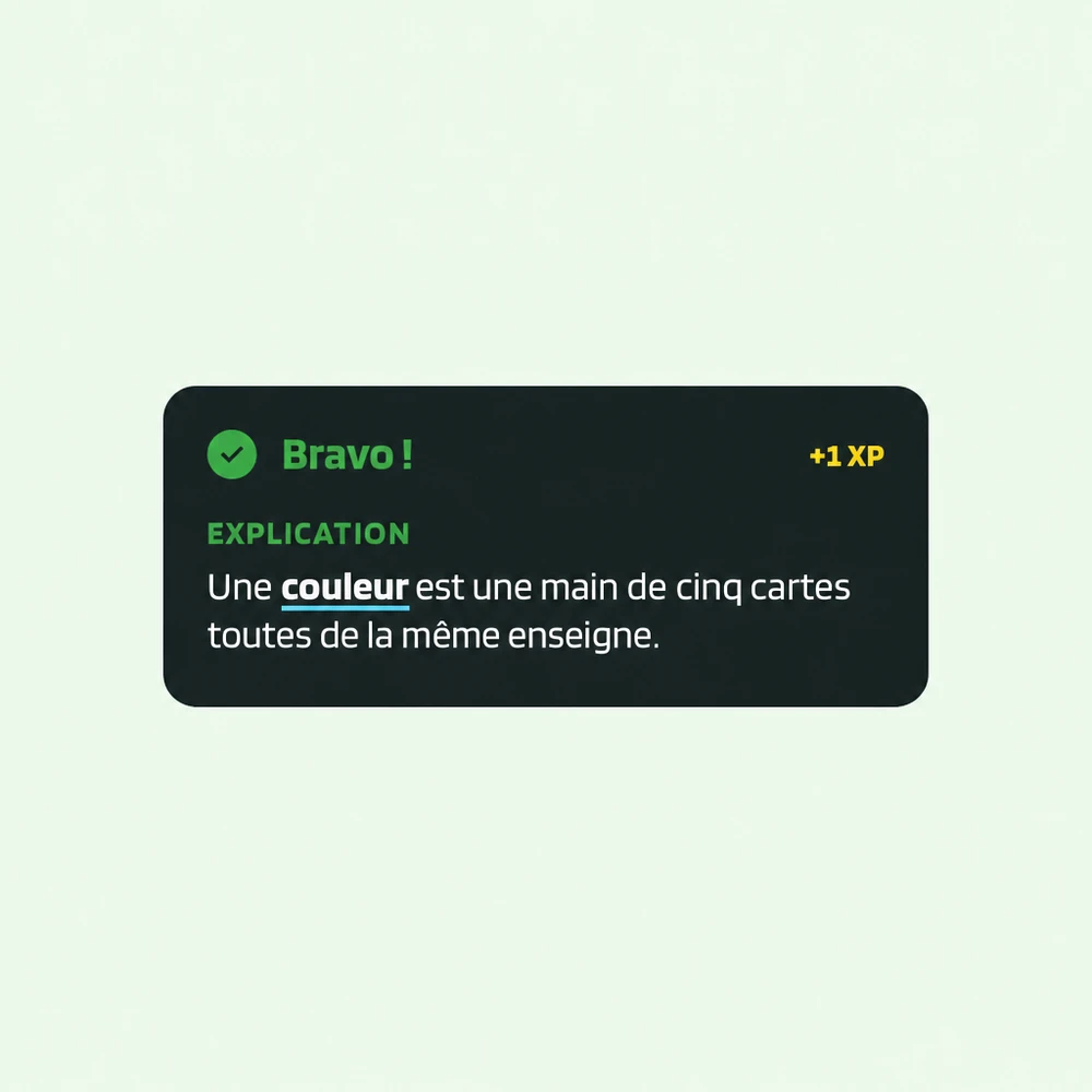 Carte de réponse de Poker Skill : « Bravo ! », +1 XP et l’explication de ce qu’est une couleur.