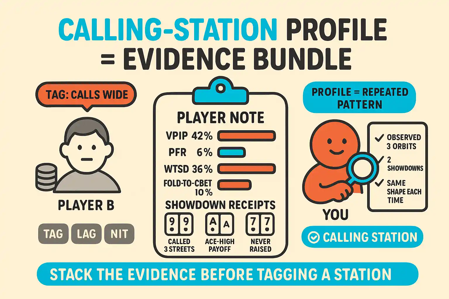 Calling-station profile dossier under an 'EVIDENCE BUNDLE' header. A player note clipboard shows VPIP, PFR, WTSD, fold-to-cbet, and showdown receipts. Nearby checklist items show repeated observations, while an archetype strip highlights calling station only after enough evidence is stacked.