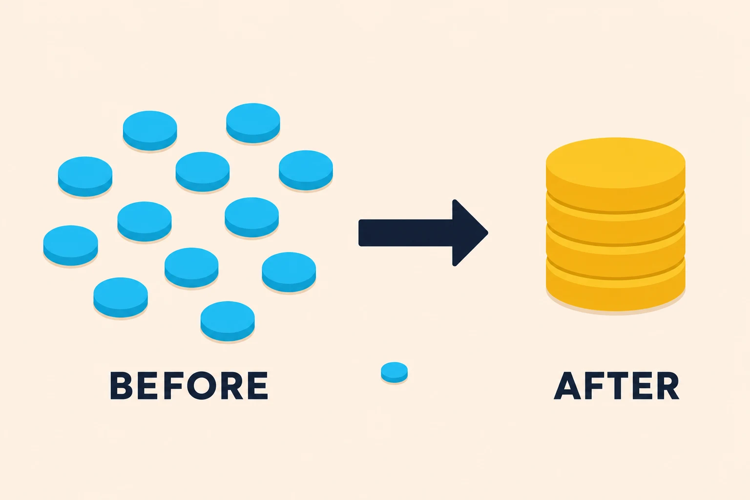 Flat illustration on a pale peach background. On the left, twelve small cyan chips lie scattered in a loose sprawl labelled BEFORE. A thick navy arrow points right to a short, tidy column of four larger yellow chips labelled AFTER. Below the arrow, one lone cyan chip sits by itself, belonging to neither group.